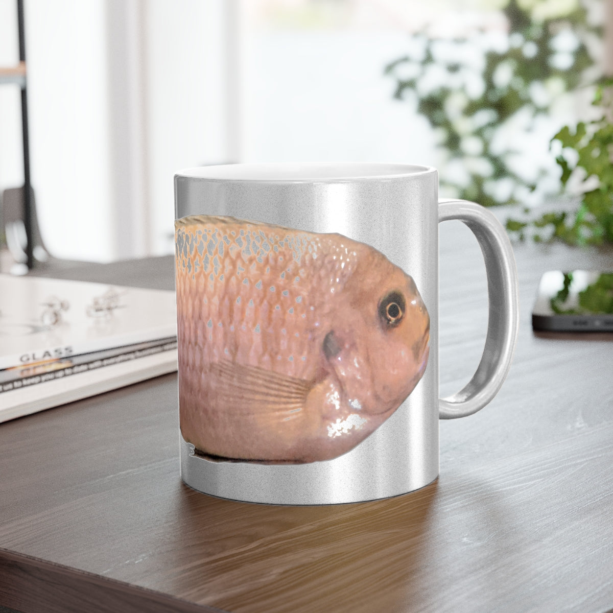 Peach Fish Metallic Mug in Gold and Silver finishes, showcasing a personalized design option on a ceramic surface.