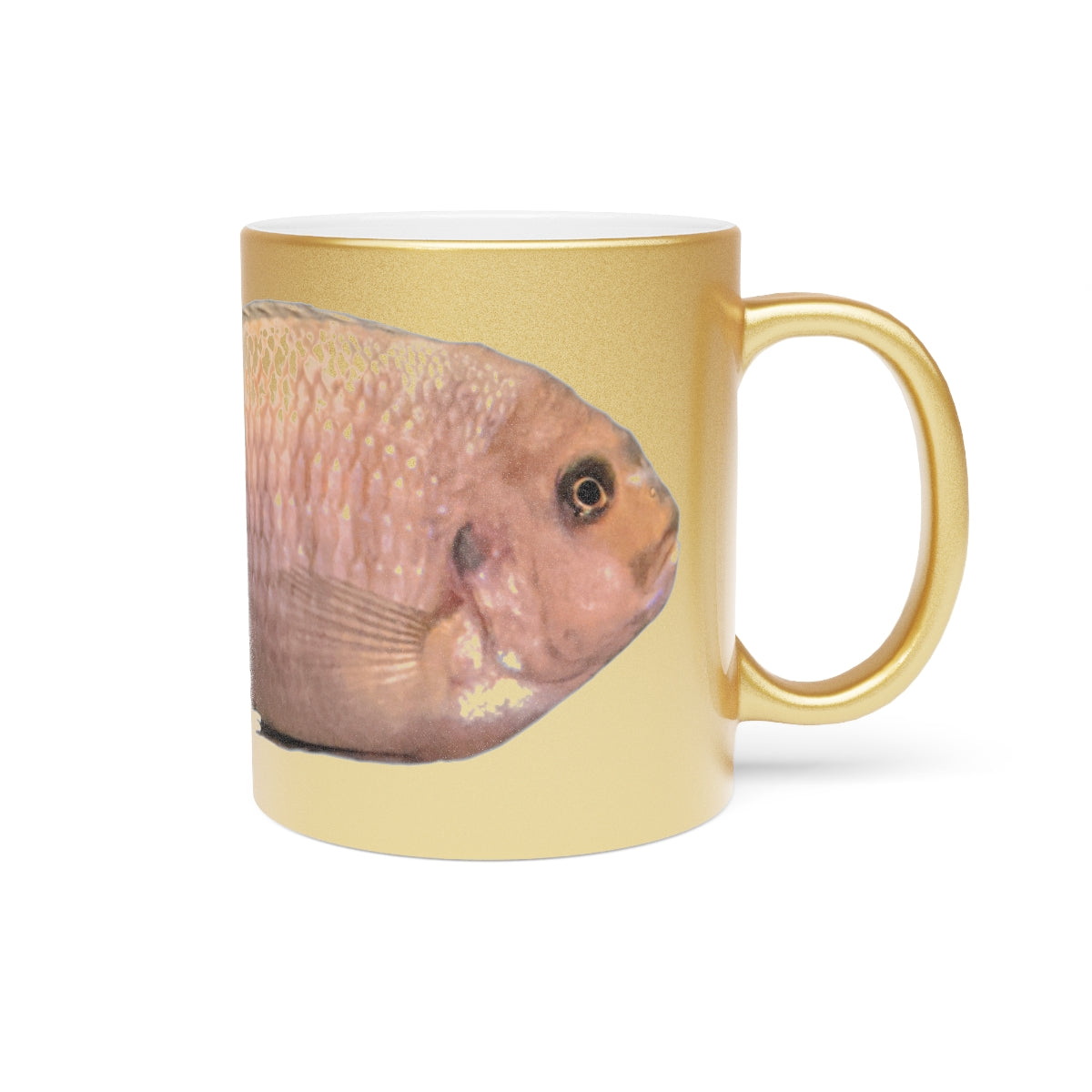 Peach Fish Metallic Mug in Gold and Silver finishes, showcasing a personalized design option on a ceramic surface.