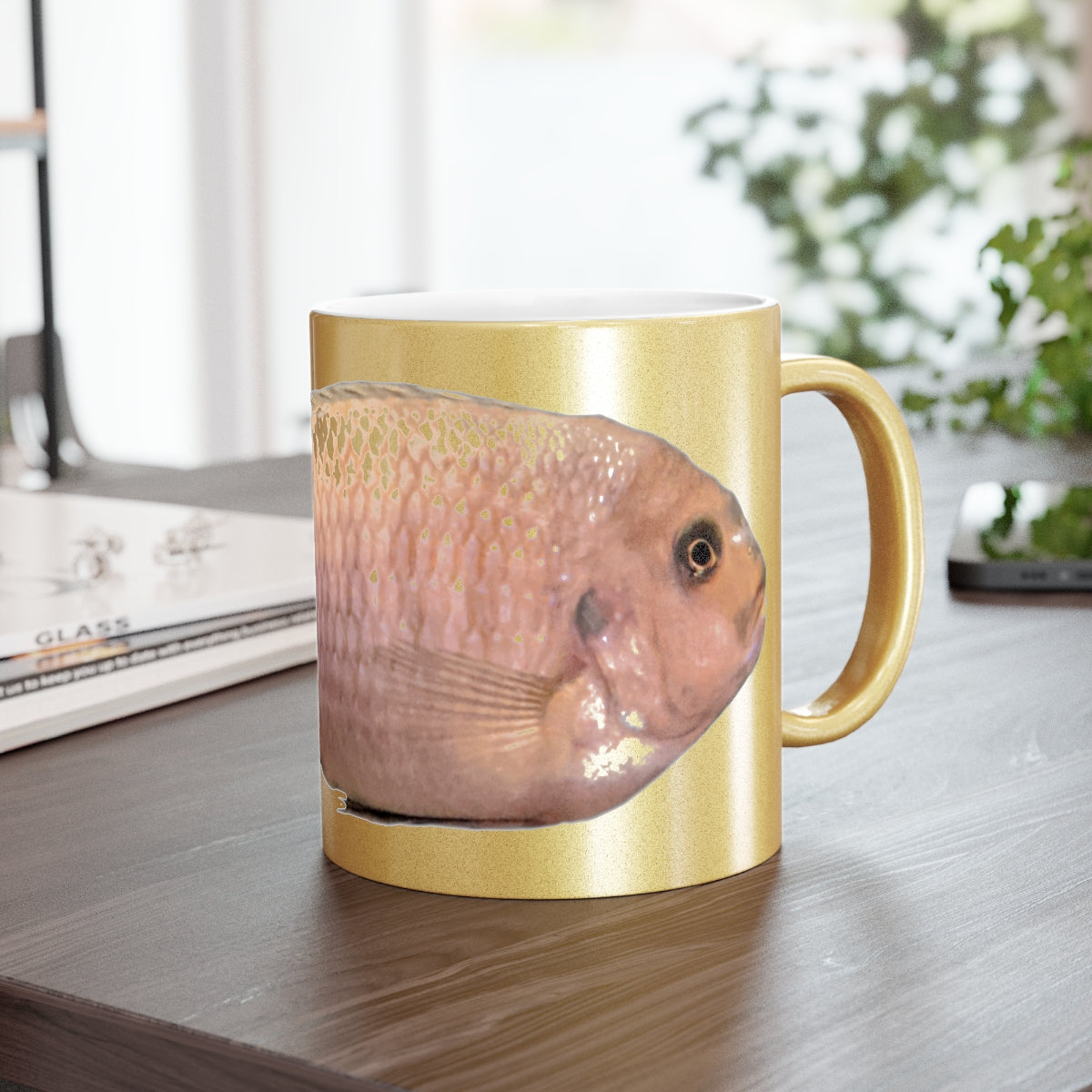 Peach Fish Metallic Mug in Gold and Silver finishes, showcasing a personalized design option on a ceramic surface.