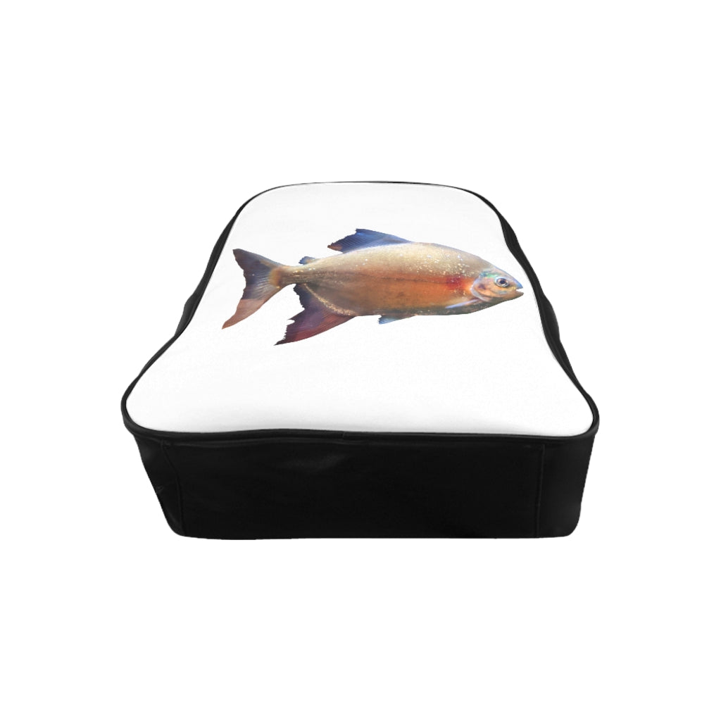 Peach Fish School Backpack featuring a unique peach fish print, padded back, and chocolate brown lining, perfect for school and everyday use.