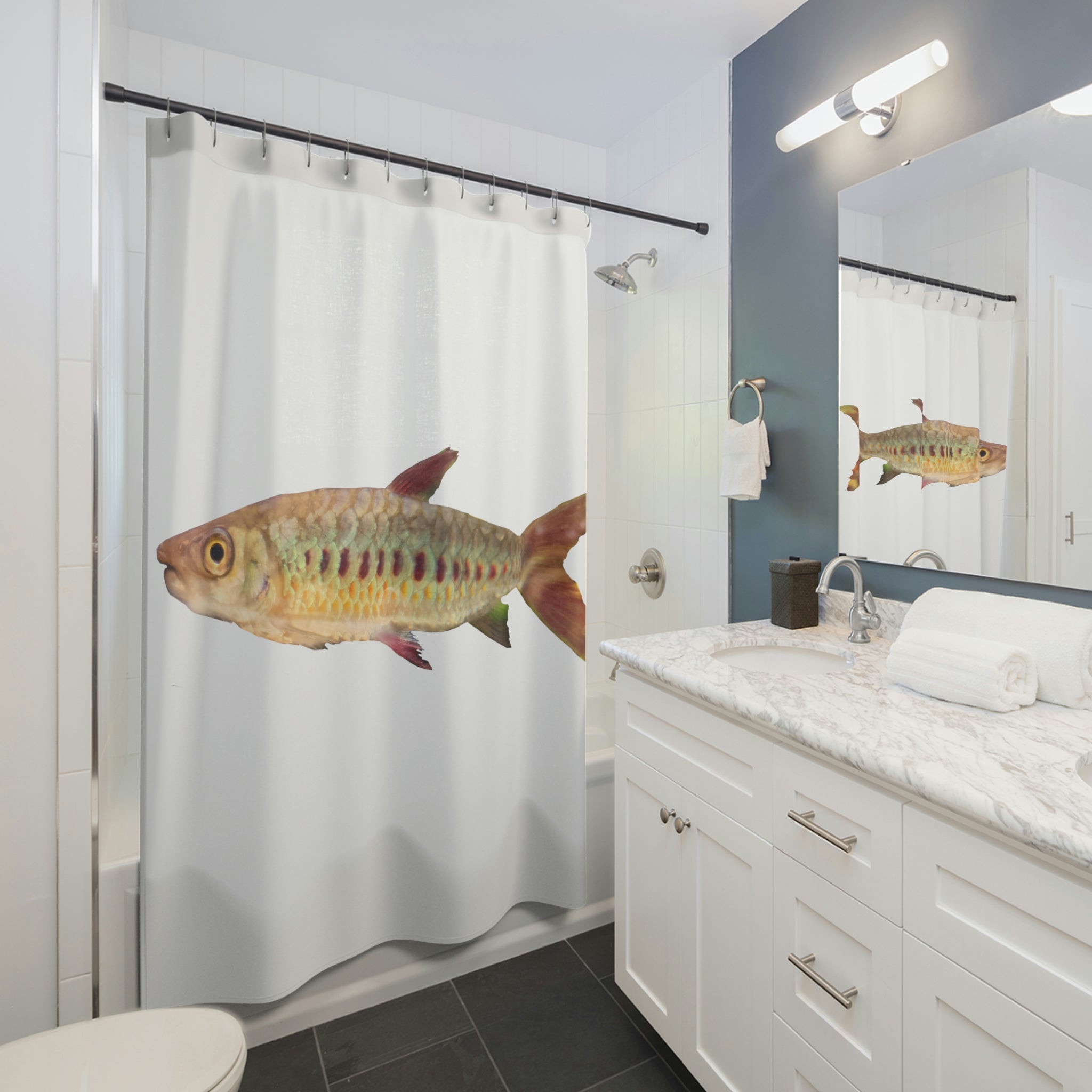 Peach Fish Shower Curtain featuring vibrant fish designs on durable polyester fabric, perfect for adding color to any bathroom.