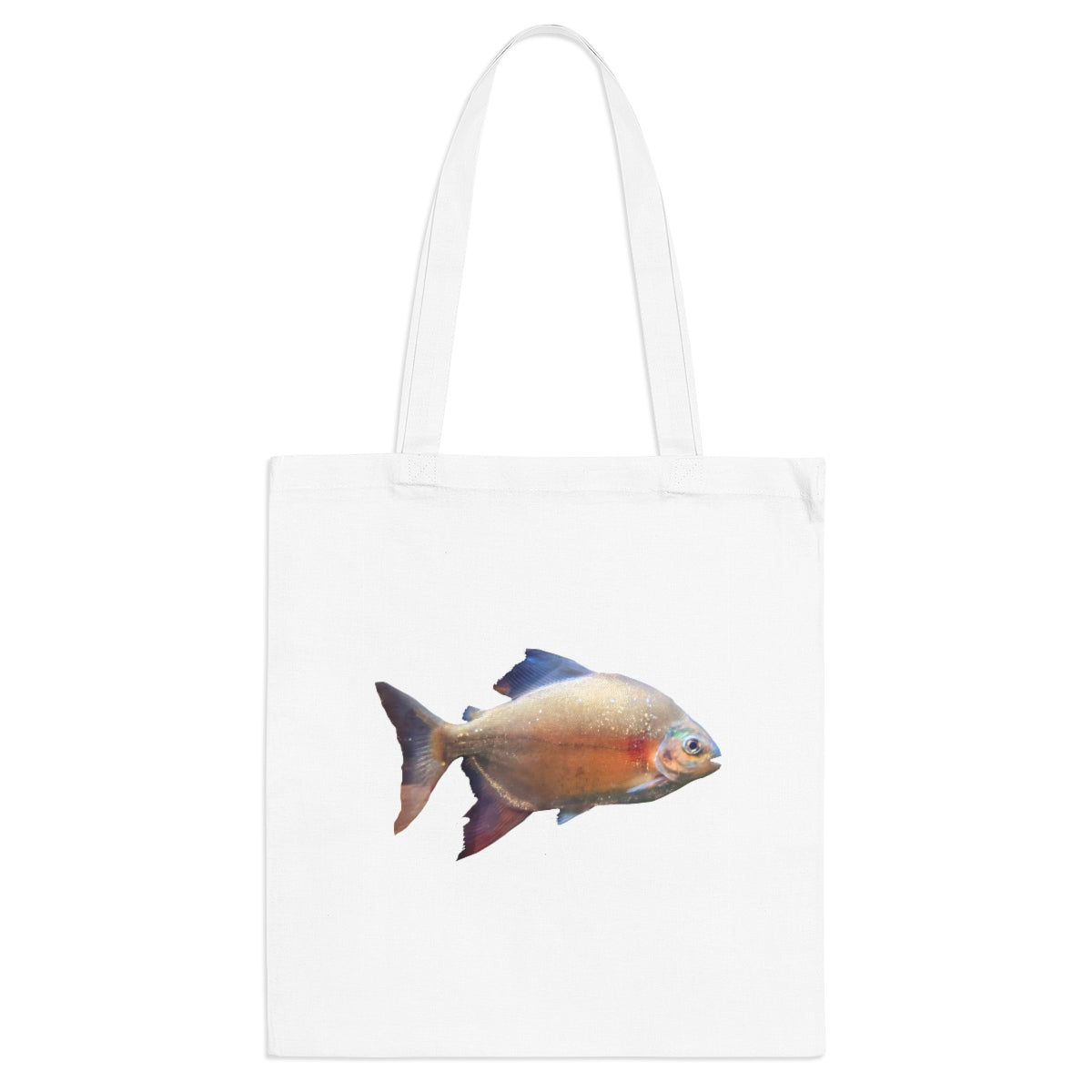 Peach Fish Tote Bag made of 100% cotton with long handles and cross-stitched design, available in multiple colors.