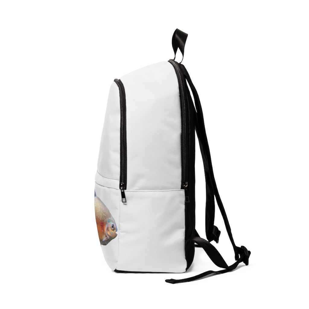 Peach Fish Unisex Fabric Backpack showcasing its stylish design, adjustable straps, and waterproof material, perfect for school and travel.