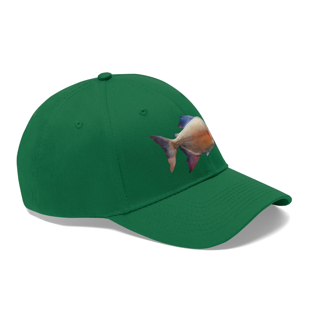 Peach Fish Unisex Twill Hat showcasing its 6-panel design and adjustable Velcro closure, perfect for outdoor activities.