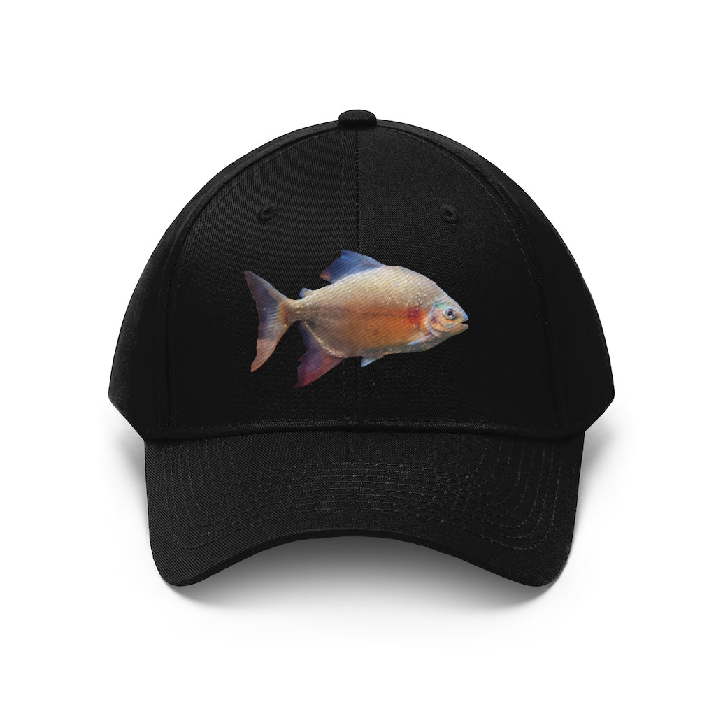 Peach Fish Unisex Twill Hat showcasing its 6-panel design and adjustable Velcro closure, perfect for outdoor activities.