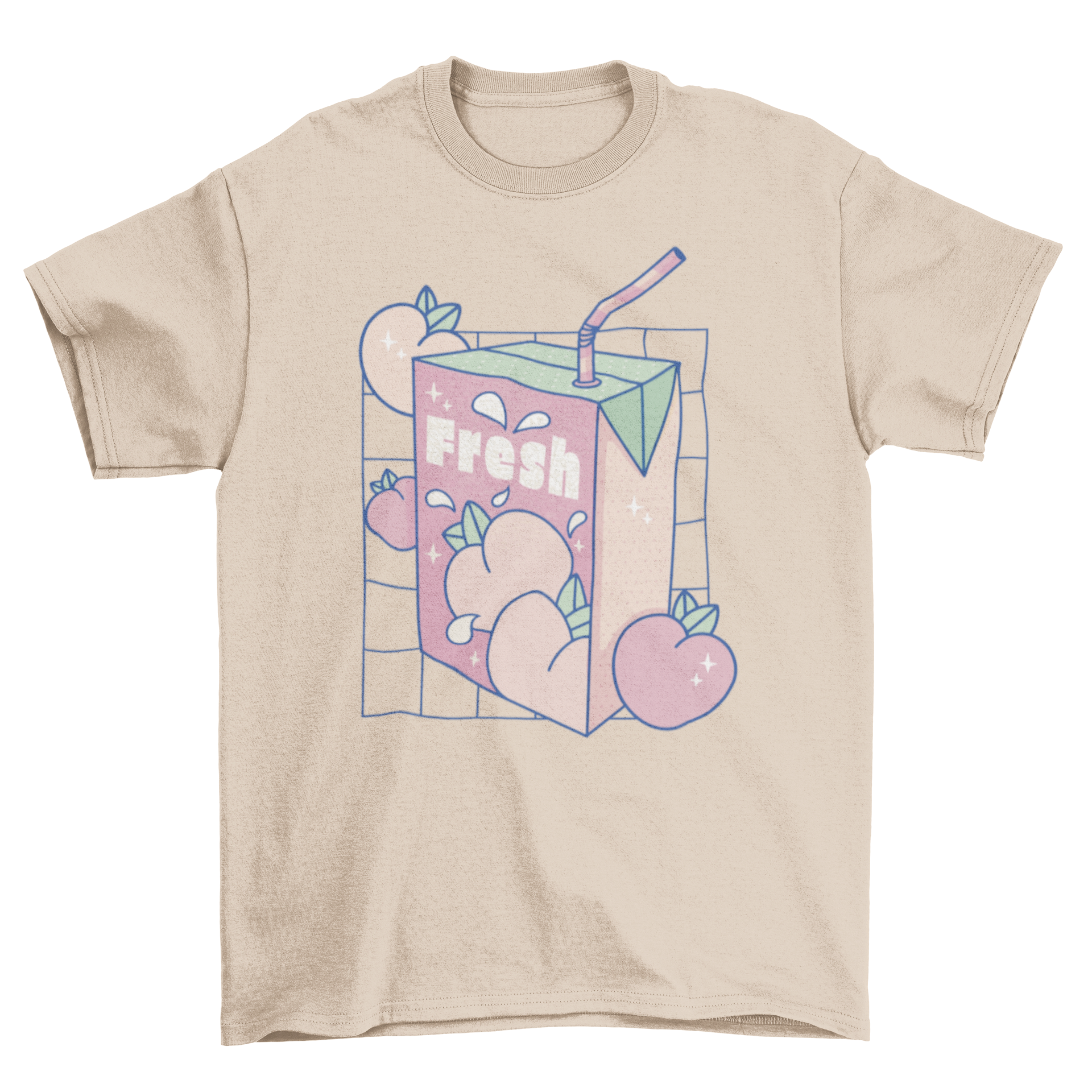 A stylish t-shirt featuring a peach juice box design with the word 'Fresh' and a grid pattern.