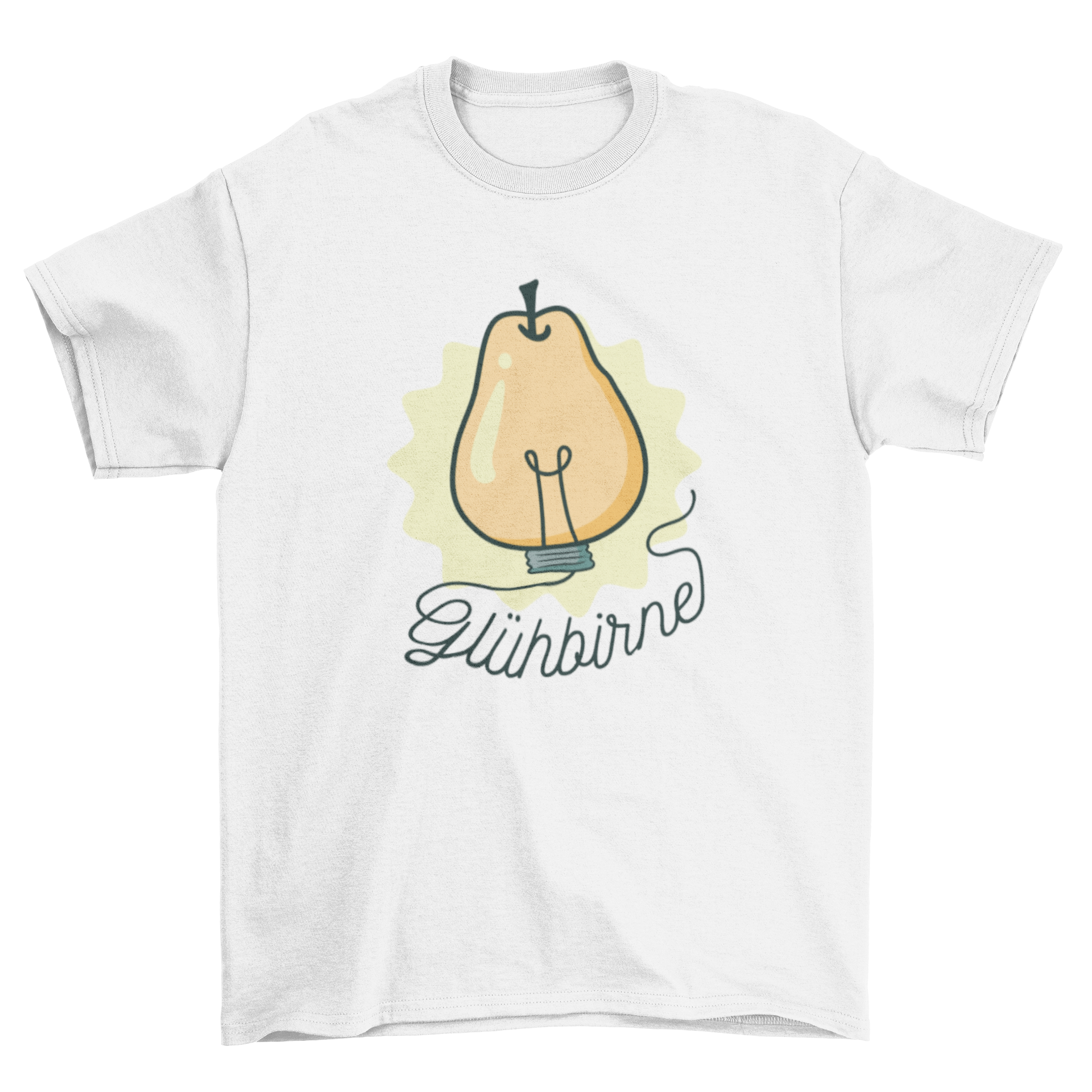 A stylish t-shirt featuring a whimsical design of a pear shaped like a lamp, showcasing creativity and fun.