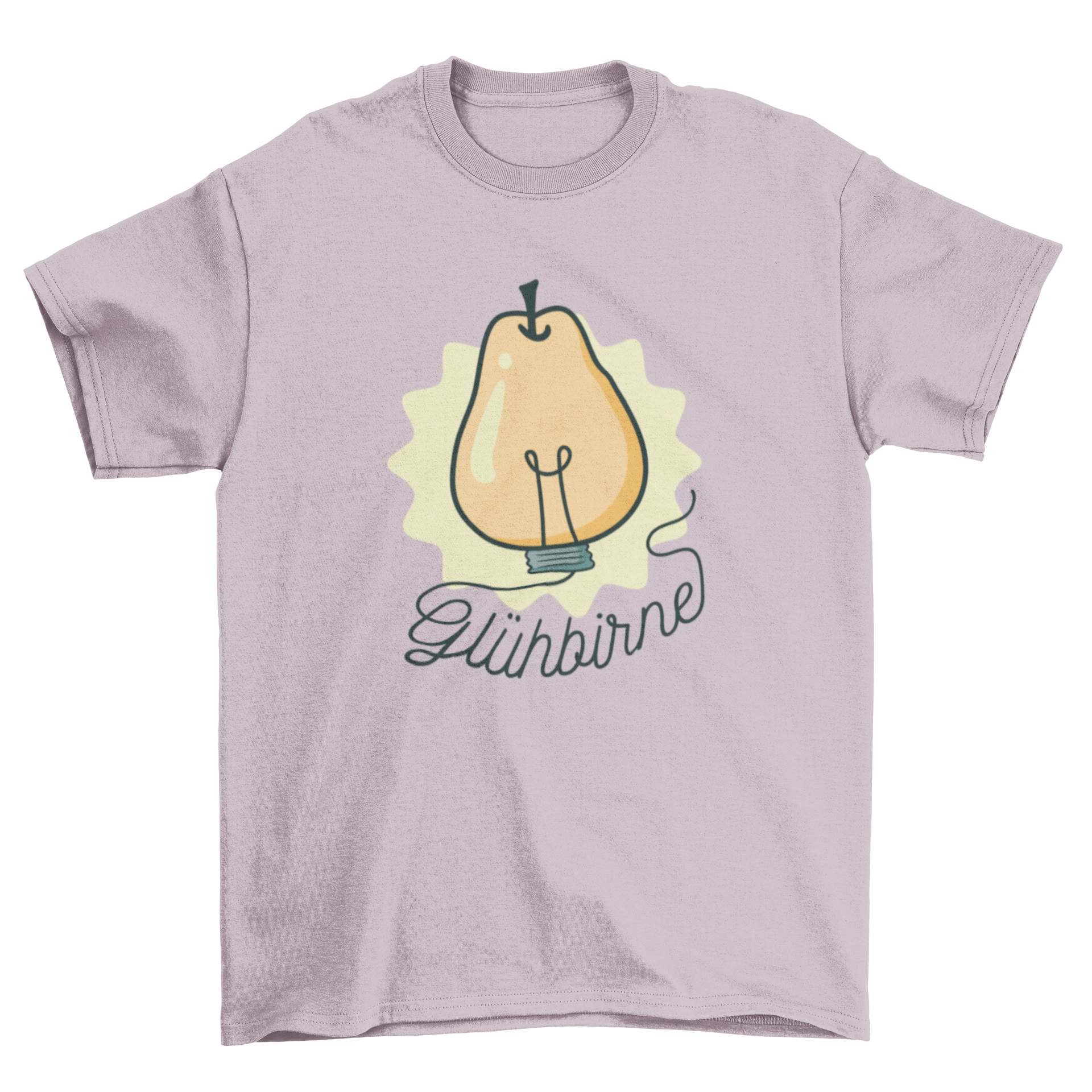 A stylish t-shirt featuring a whimsical design of a pear shaped like a lamp, showcasing creativity and fun.