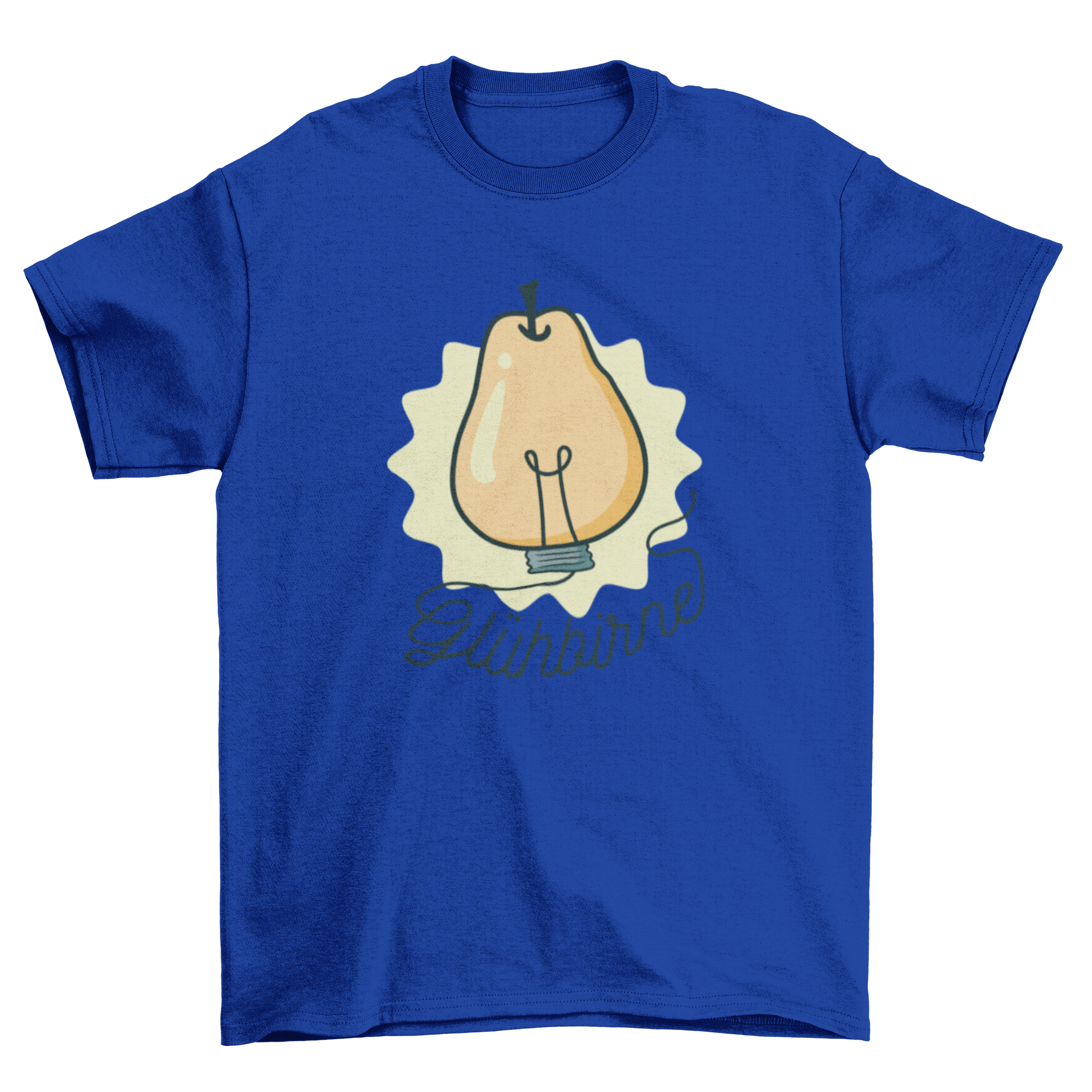 A stylish t-shirt featuring a whimsical design of a pear shaped like a lamp, showcasing creativity and fun.