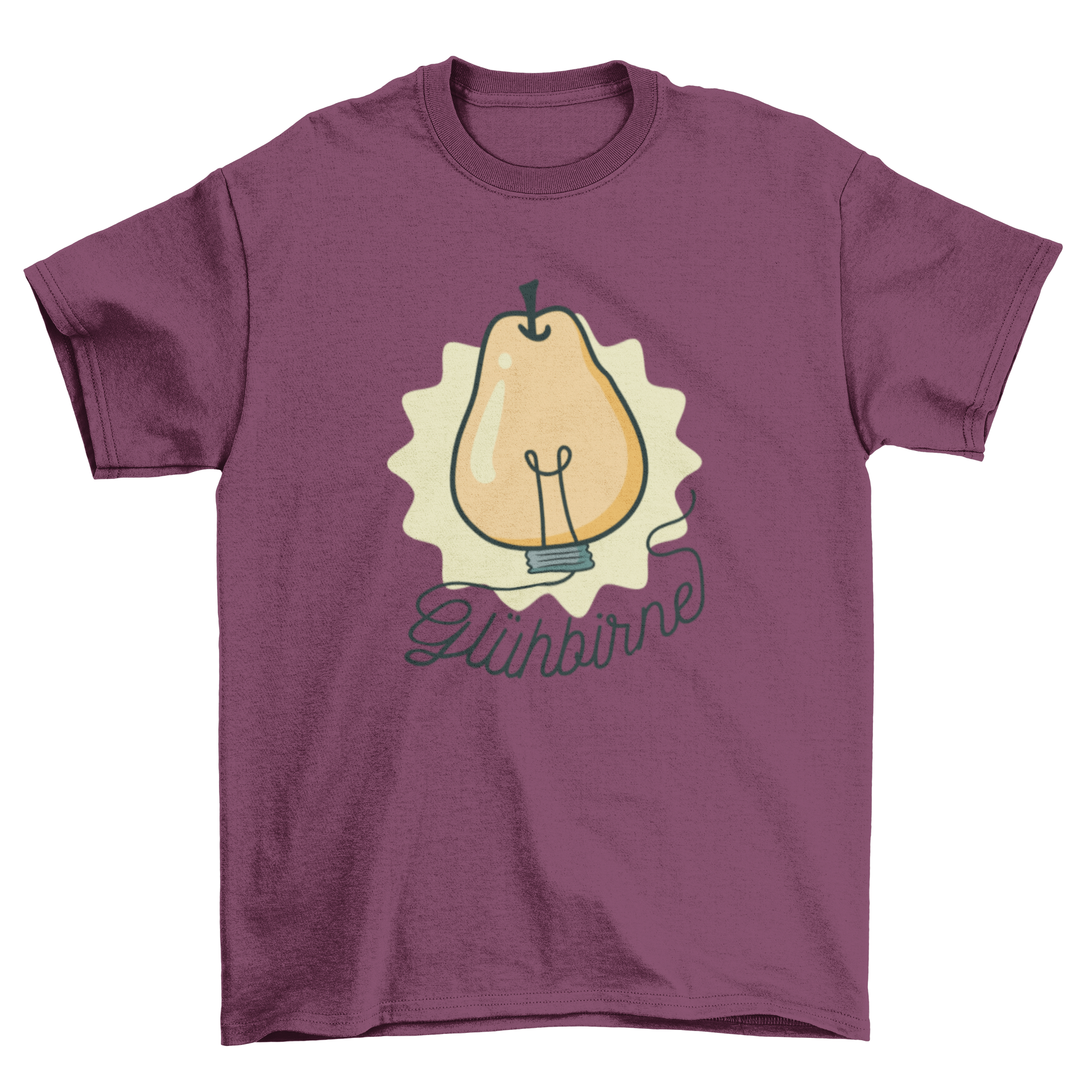 A stylish t-shirt featuring a whimsical design of a pear shaped like a lamp, showcasing creativity and fun.