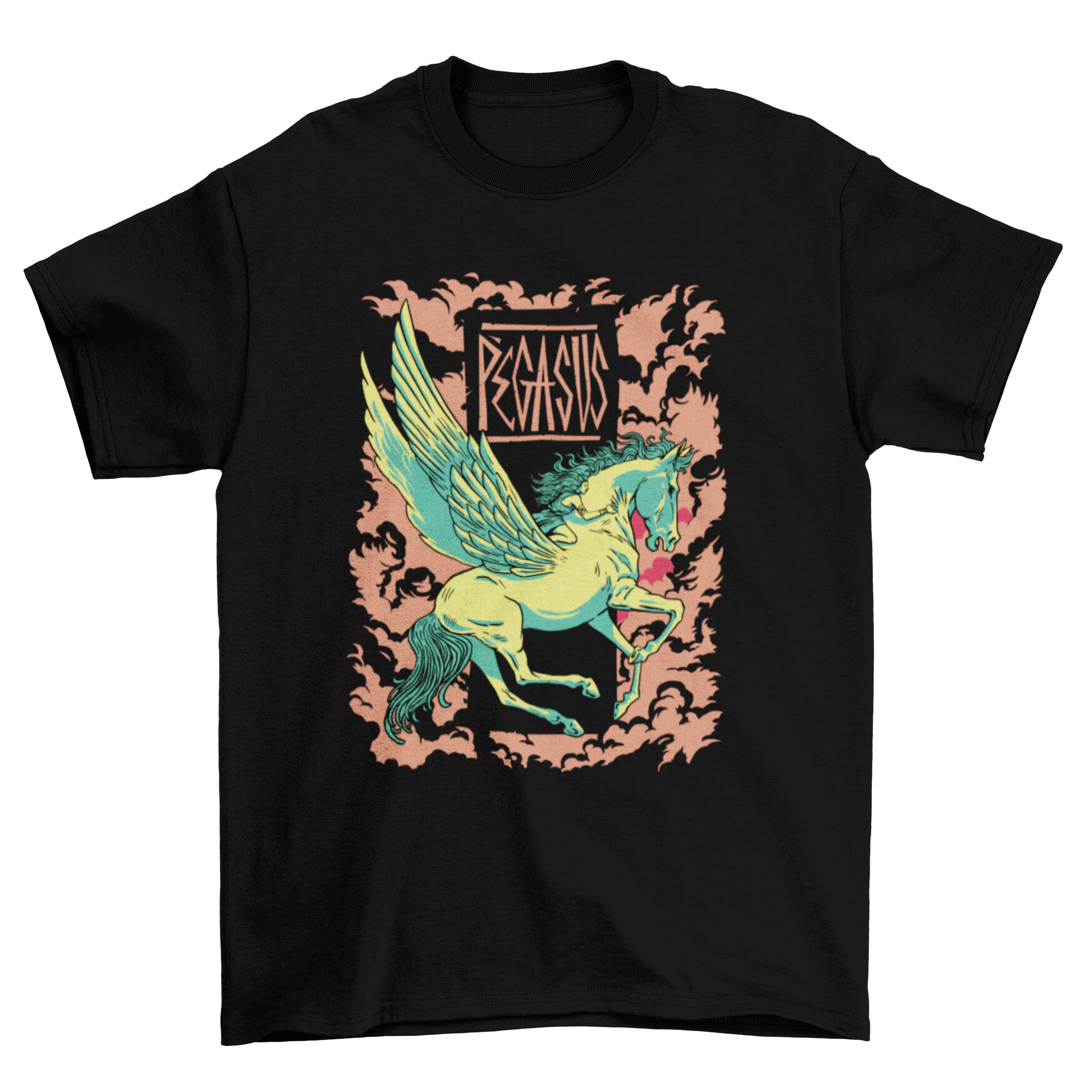 A stylish t-shirt featuring a detailed graphic of Pegasus, the winged horse from Greek mythology, set against a plain background.