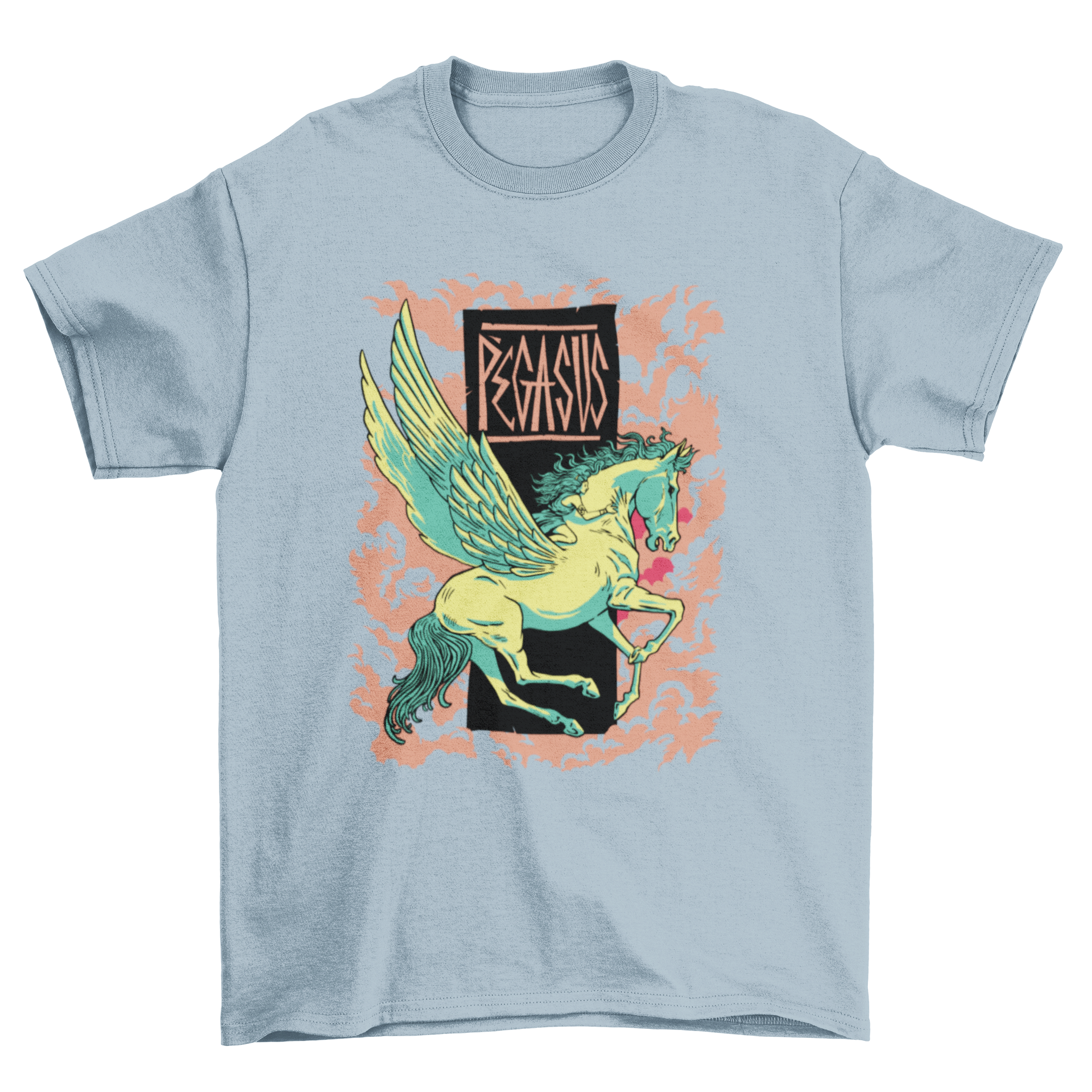 A stylish t-shirt featuring a detailed graphic of Pegasus, the winged horse from Greek mythology, set against a plain background.