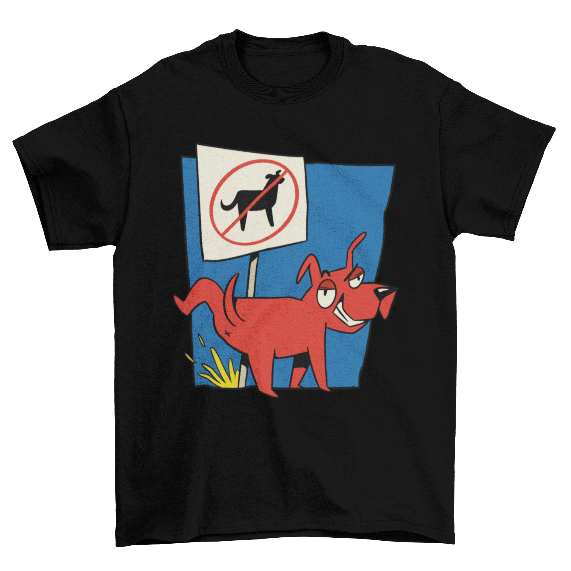 A humorous t-shirt design featuring a red dog peeing on a no-dogs sign, perfect for dog lovers.