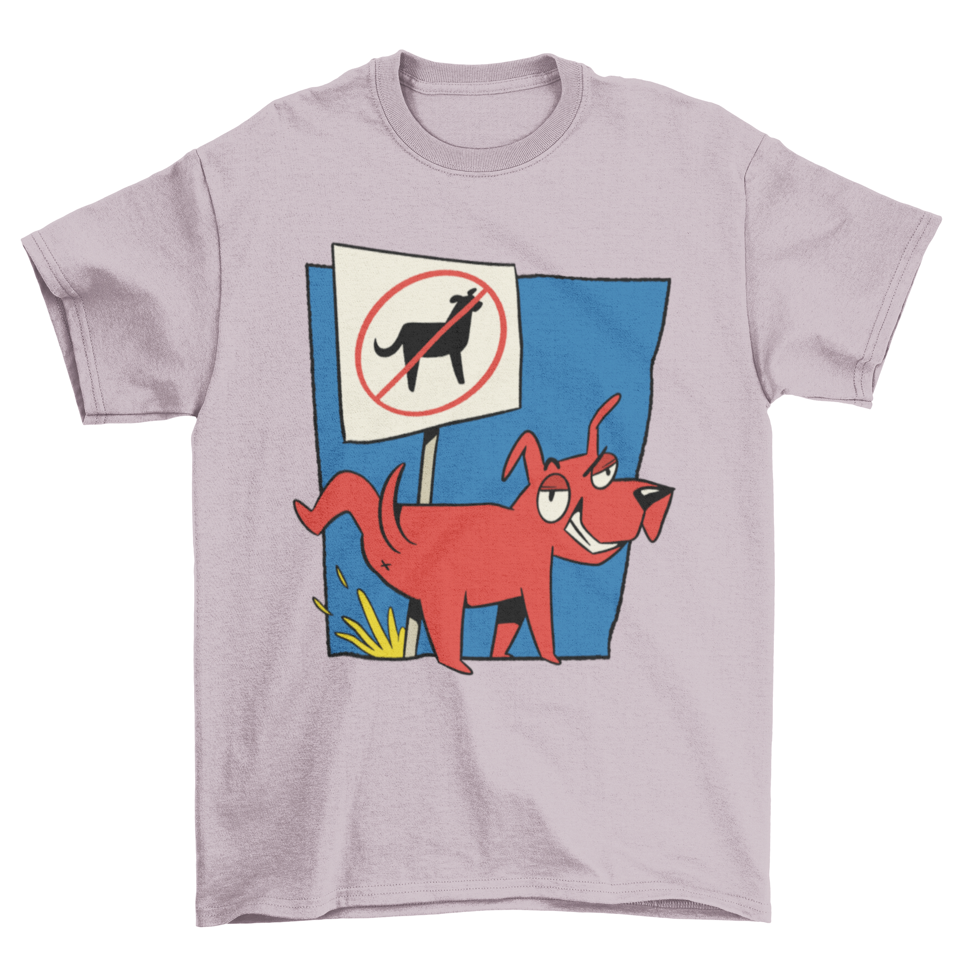 A humorous t-shirt design featuring a red dog peeing on a no-dogs sign, perfect for dog lovers.