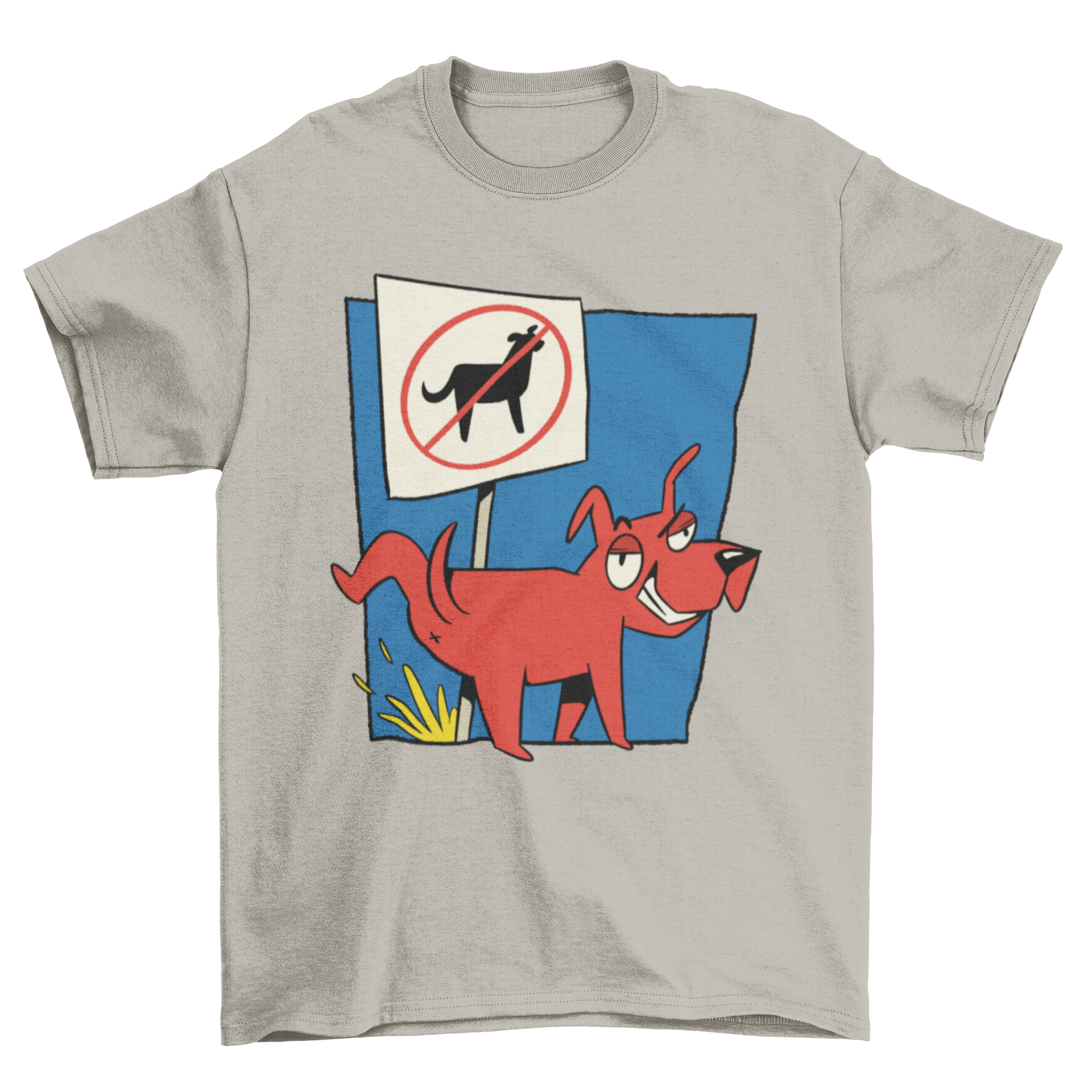 A humorous t-shirt design featuring a red dog peeing on a no-dogs sign, perfect for dog lovers.