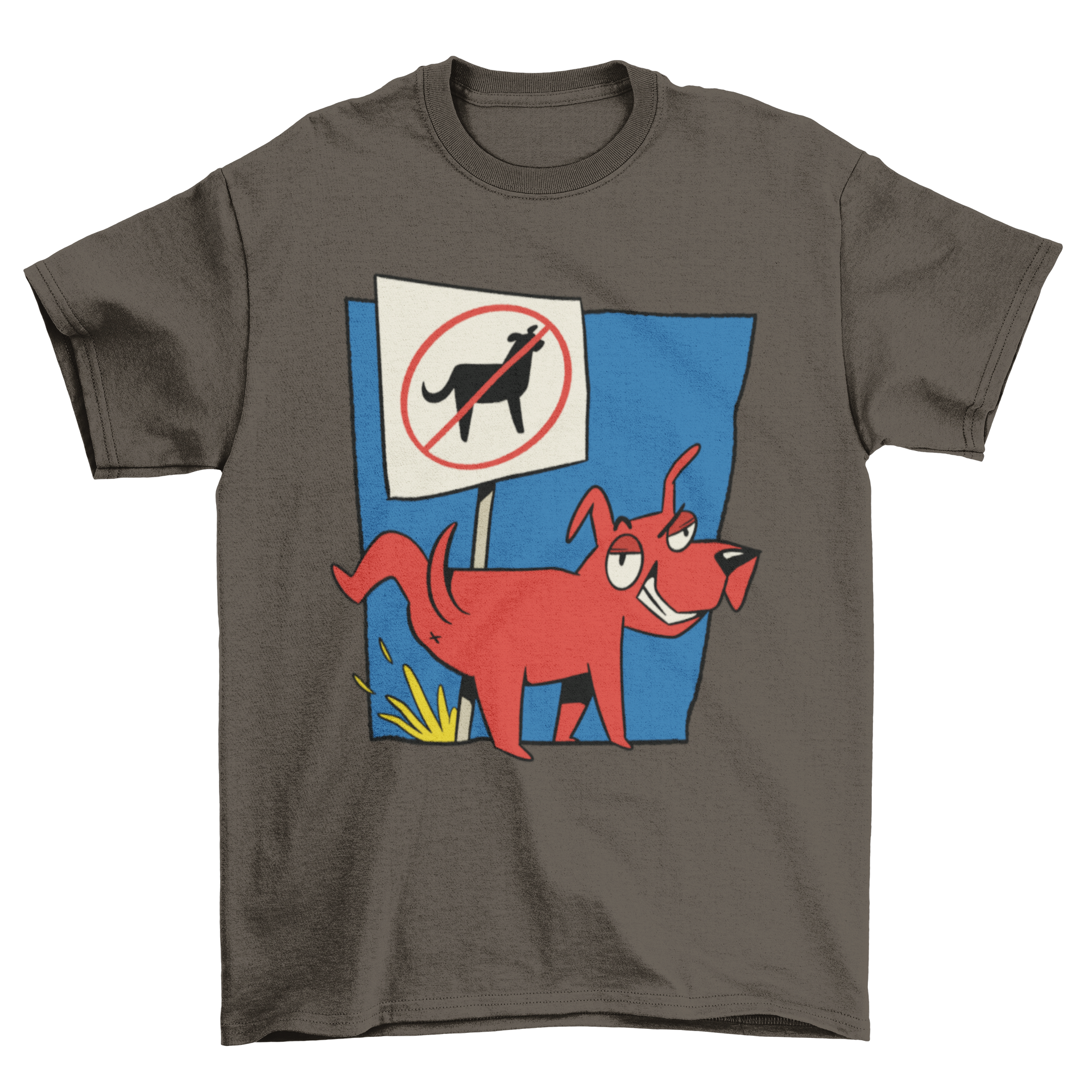 A humorous t-shirt design featuring a red dog peeing on a no-dogs sign, perfect for dog lovers.