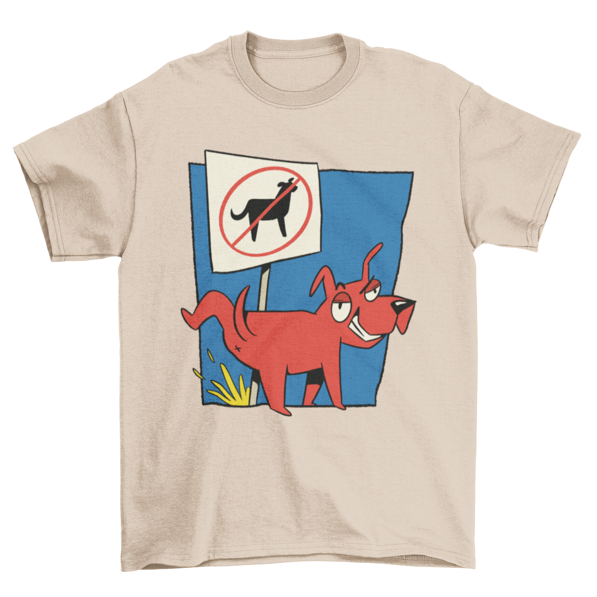 A humorous t-shirt design featuring a red dog peeing on a no-dogs sign, perfect for dog lovers.