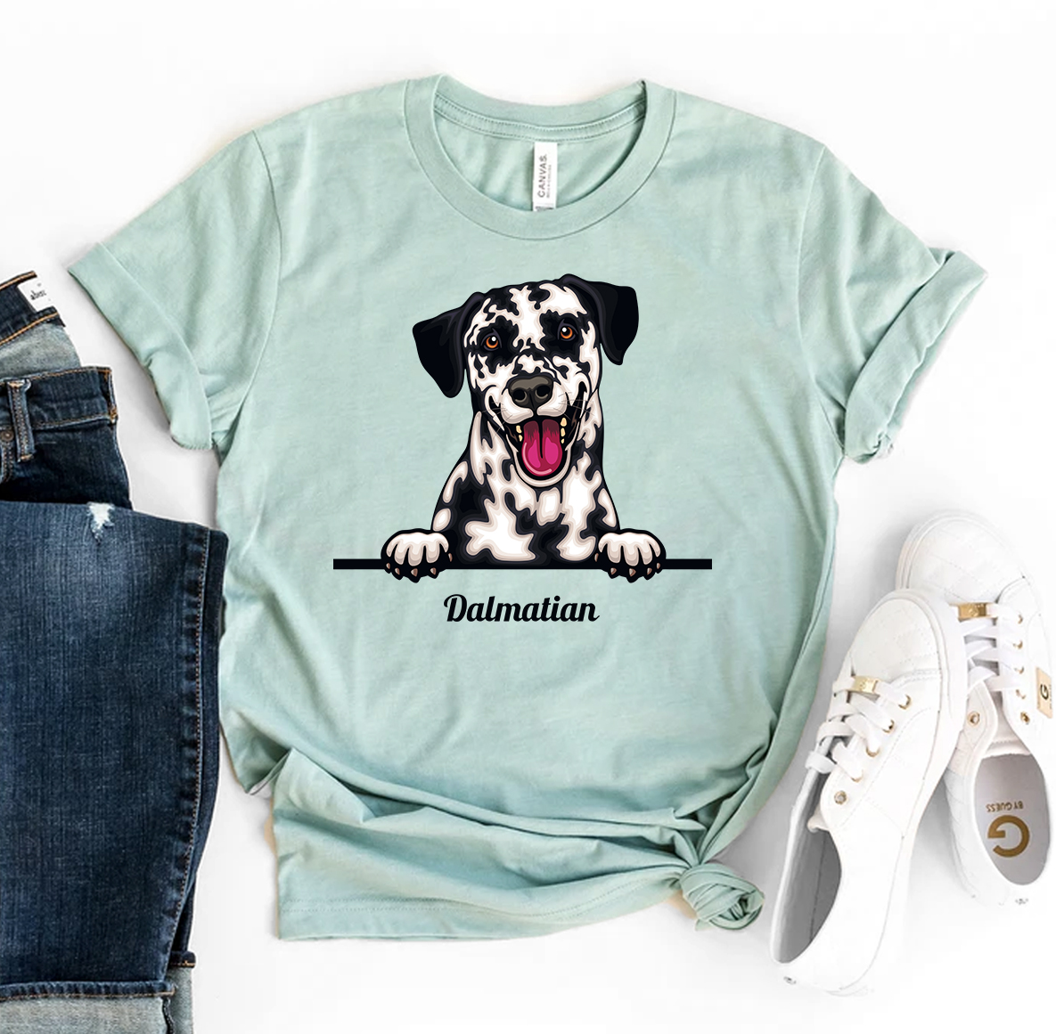 Peeking Dalmatian Dog T-shirt featuring a playful Dalmatian design on premium cotton fabric.