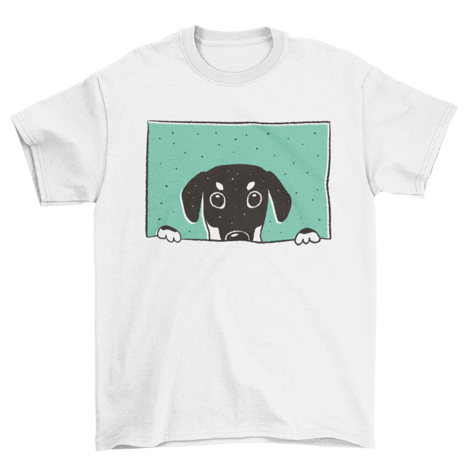 A stylish Peeking Doberman T-shirt featuring an illustration of a Doberman dog peeking through a window, showcasing its playful nature.
