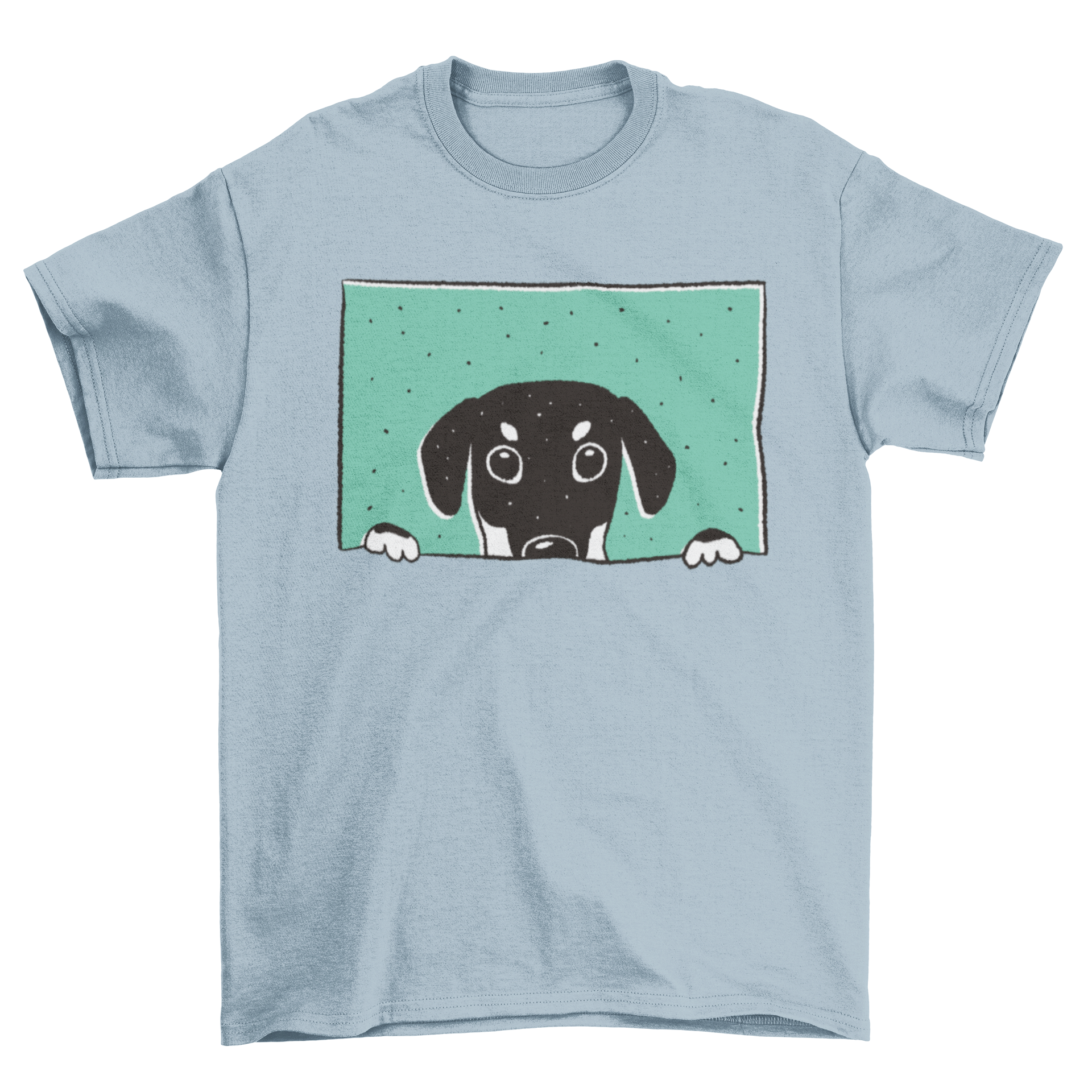 A stylish Peeking Doberman T-shirt featuring an illustration of a Doberman dog peeking through a window, showcasing its playful nature.