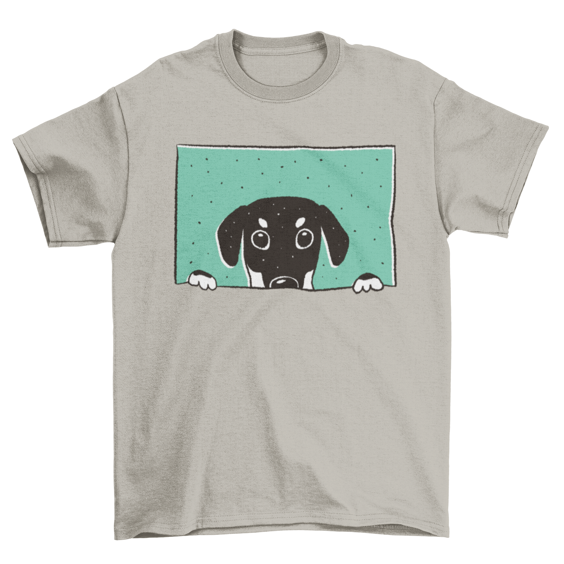 A stylish Peeking Doberman T-shirt featuring an illustration of a Doberman dog peeking through a window, showcasing its playful nature.