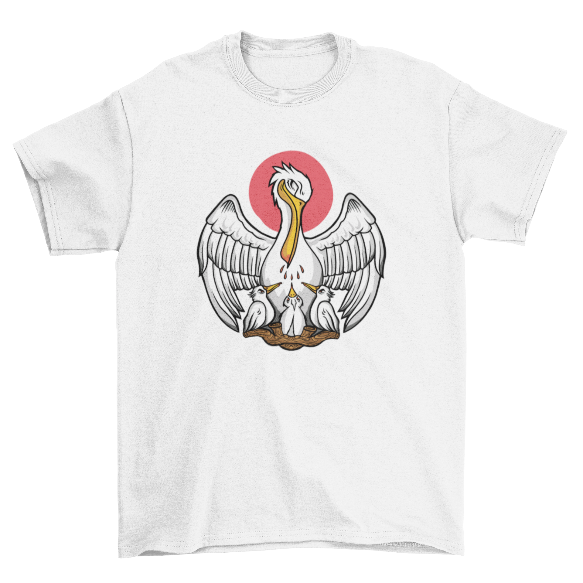 A stylish t-shirt featuring a pelican mother feeding her chicks, showcasing a unique and artistic design.