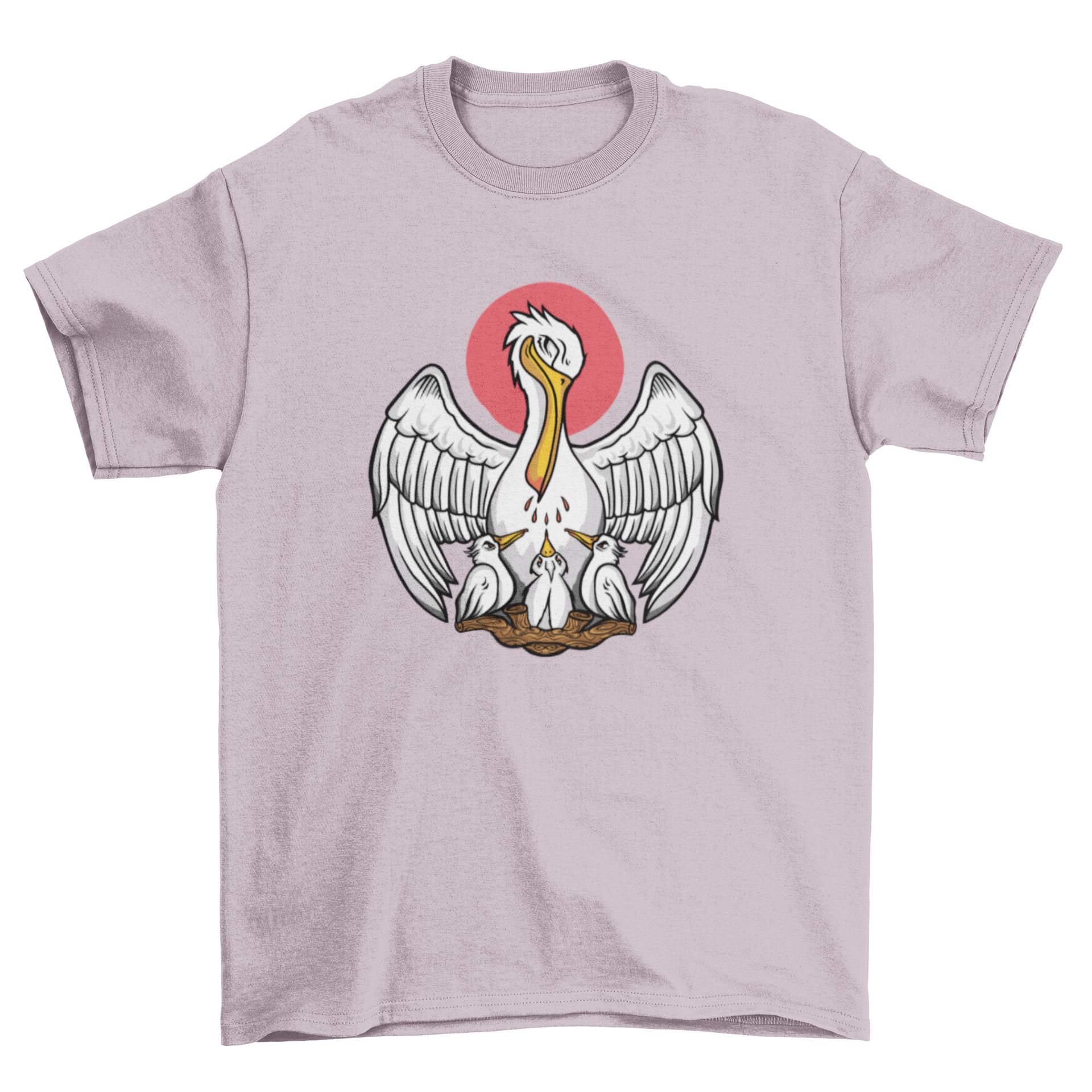 A stylish t-shirt featuring a pelican mother feeding her chicks, showcasing a unique and artistic design.