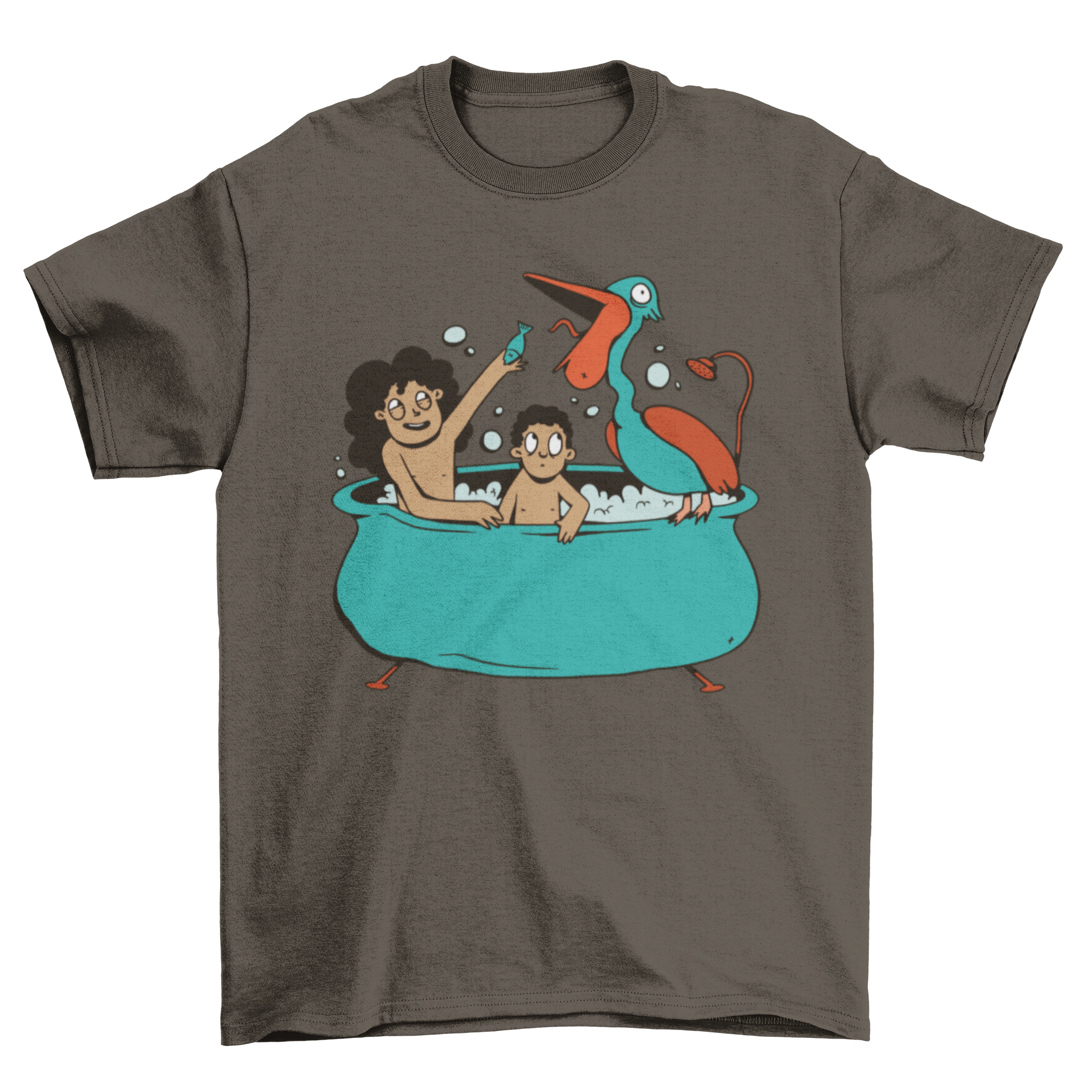 A colorful t-shirt featuring an illustration of kids bathing with a pelican, showcasing a fun and playful design.