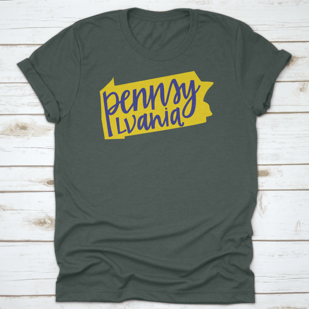 A stylish T-shirt featuring the Pennsylvania state outline and hand lettering design, made from soft cotton fabric.