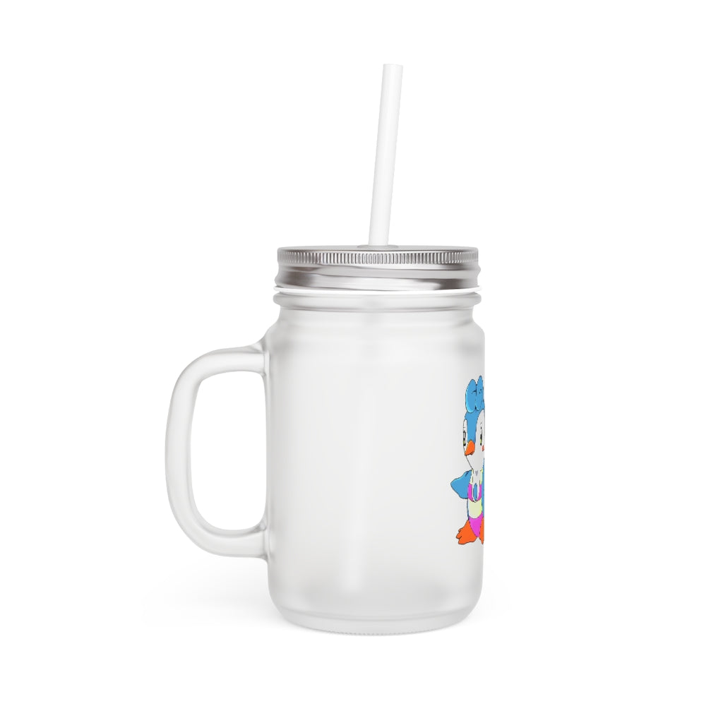 A stylish Penny Mason Jar made of frosted glass, featuring a straw and lid, perfect for personalized drinks.