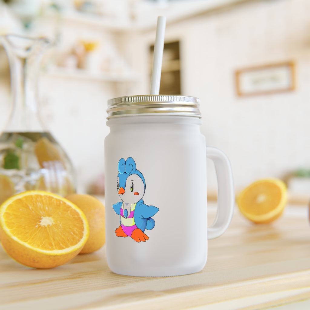 A stylish Penny Mason Jar made of frosted glass, featuring a straw and lid, perfect for personalized drinks.