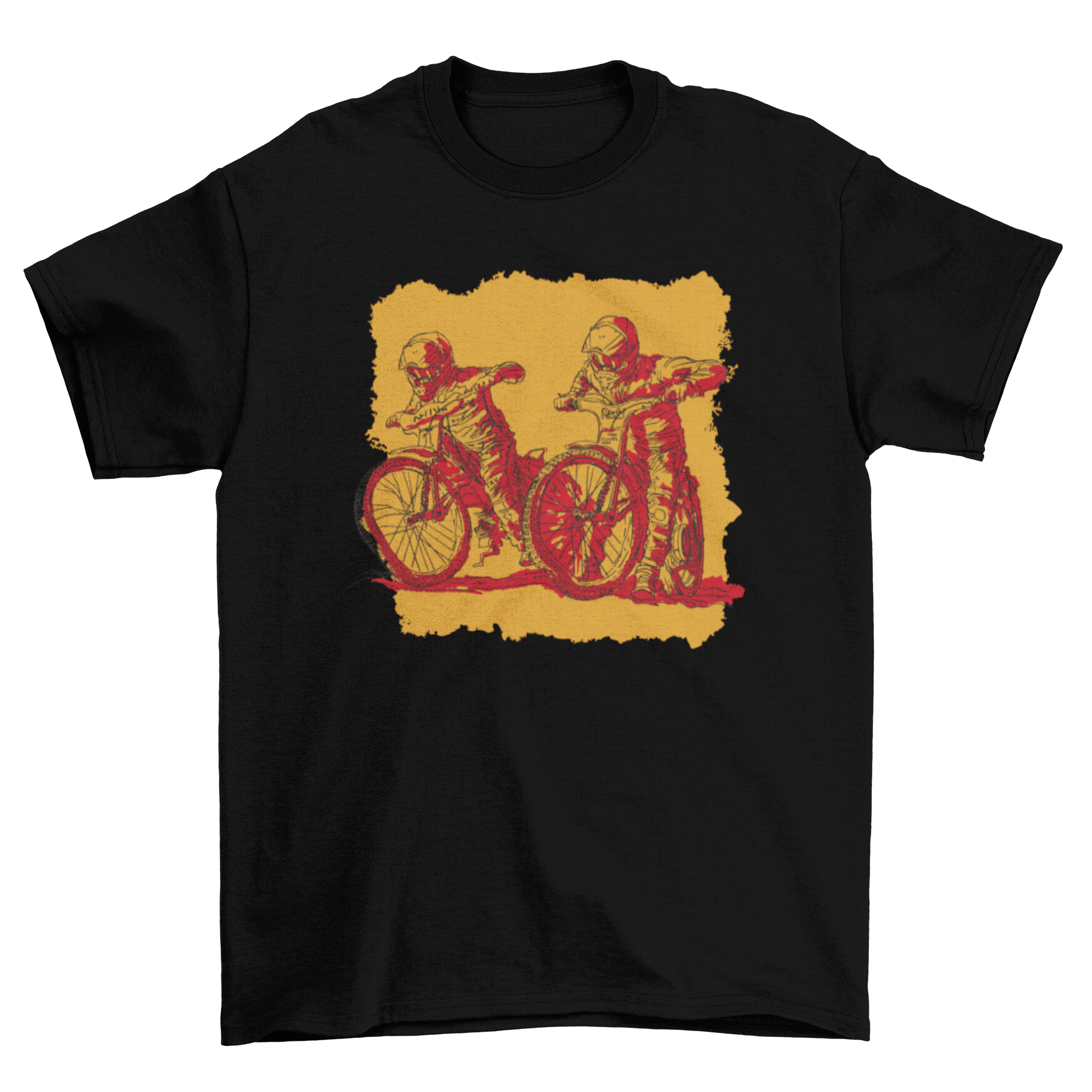 A stylish t-shirt featuring a vibrant graphic of two people racing on bikes, perfect for cycling fans.
