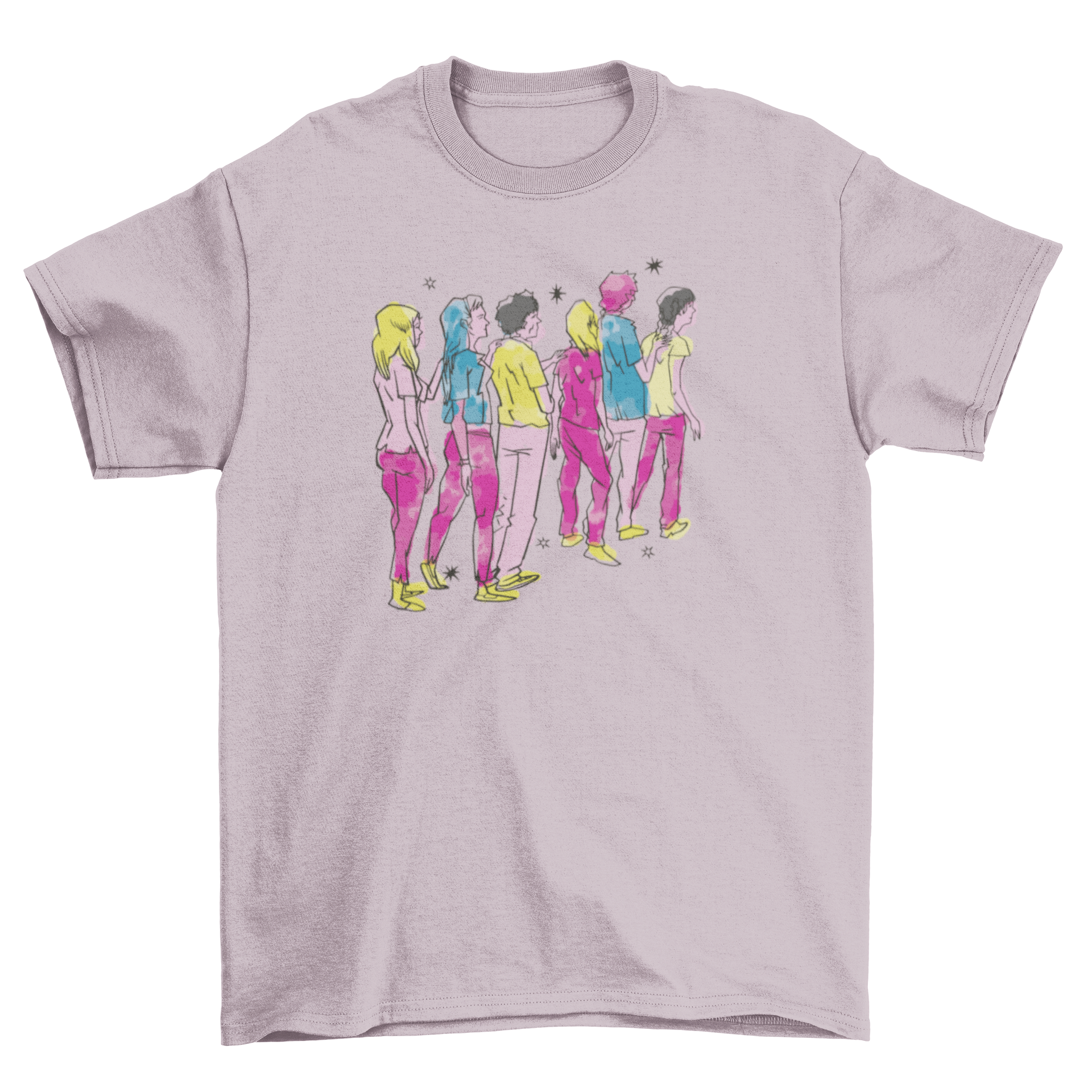 A stylish t-shirt featuring a watercolor design of diverse people standing in a row, showcasing vibrant colors and artistic flair.