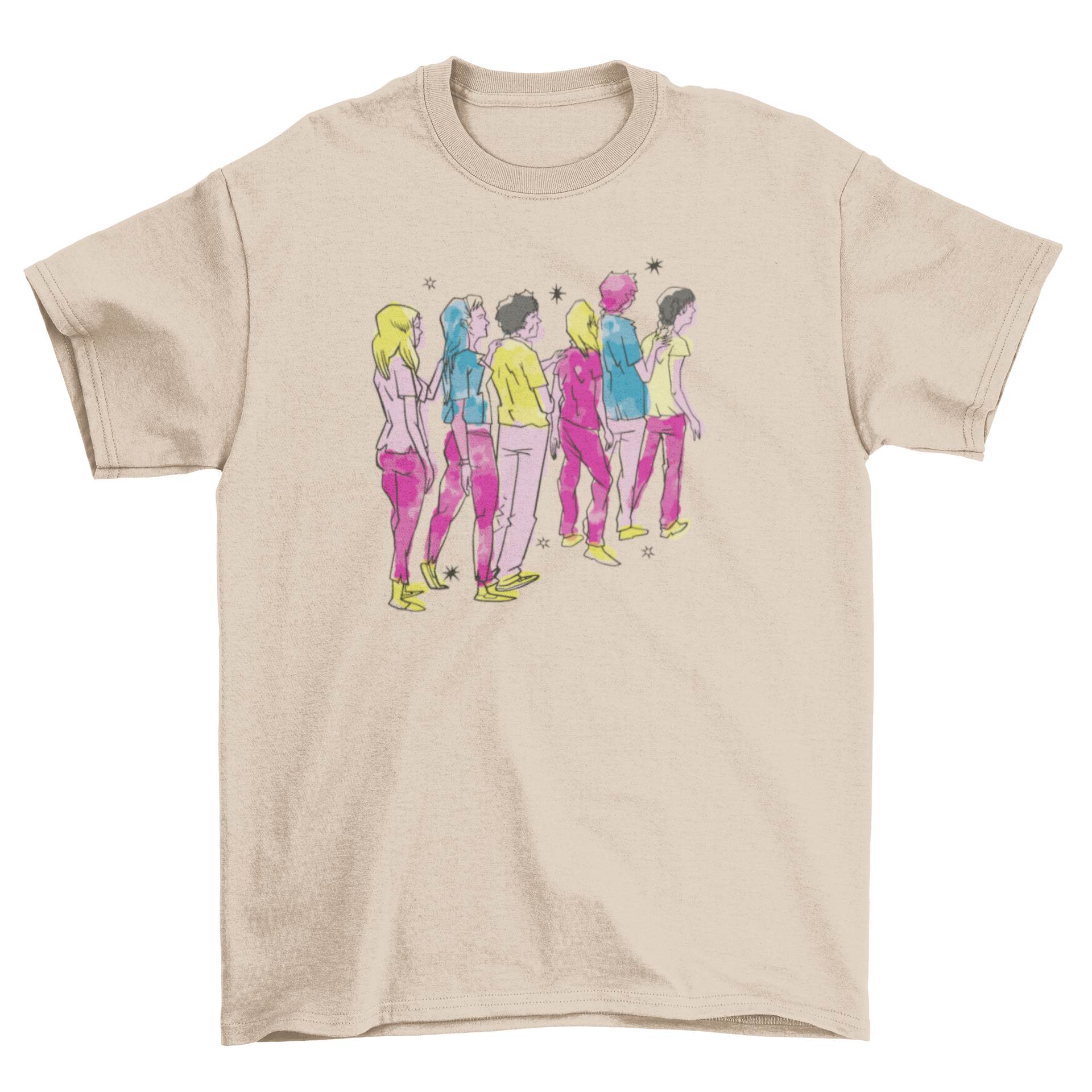 A stylish t-shirt featuring a watercolor design of diverse people standing in a row, showcasing vibrant colors and artistic flair.