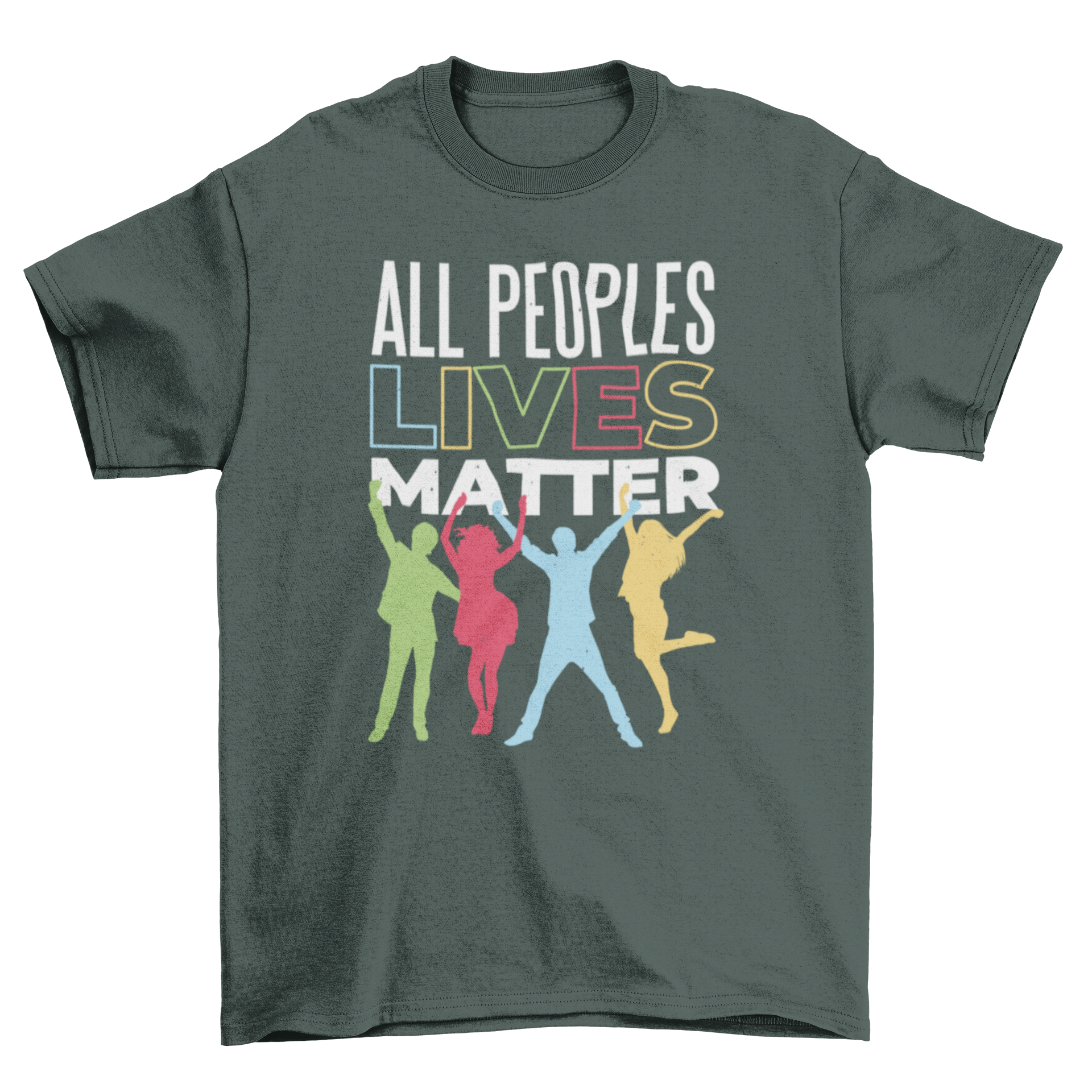 People Lives T-Shirt featuring silhouettes of diverse individuals and the text 'All People Lives Matter'.