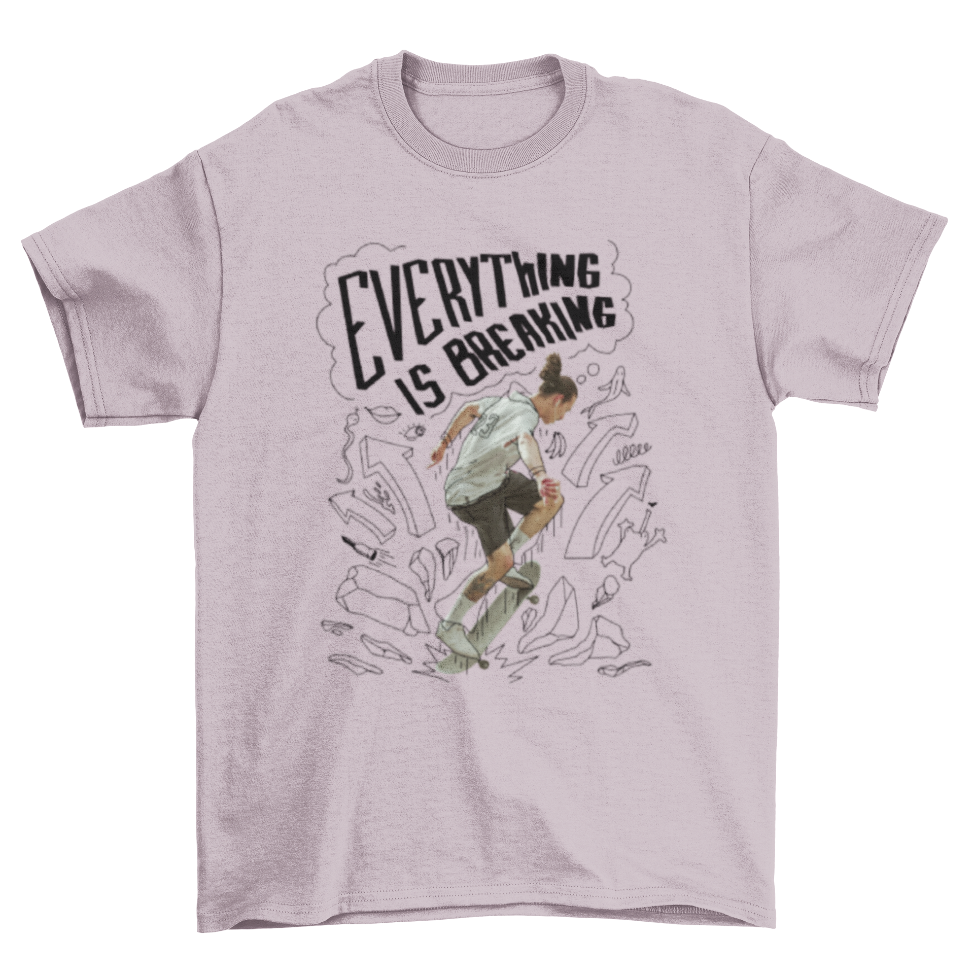 A vibrant skateboard mockup featuring a boy skating with a doodle quote 'everything is breaking', showcasing dynamic movement and creativity.
