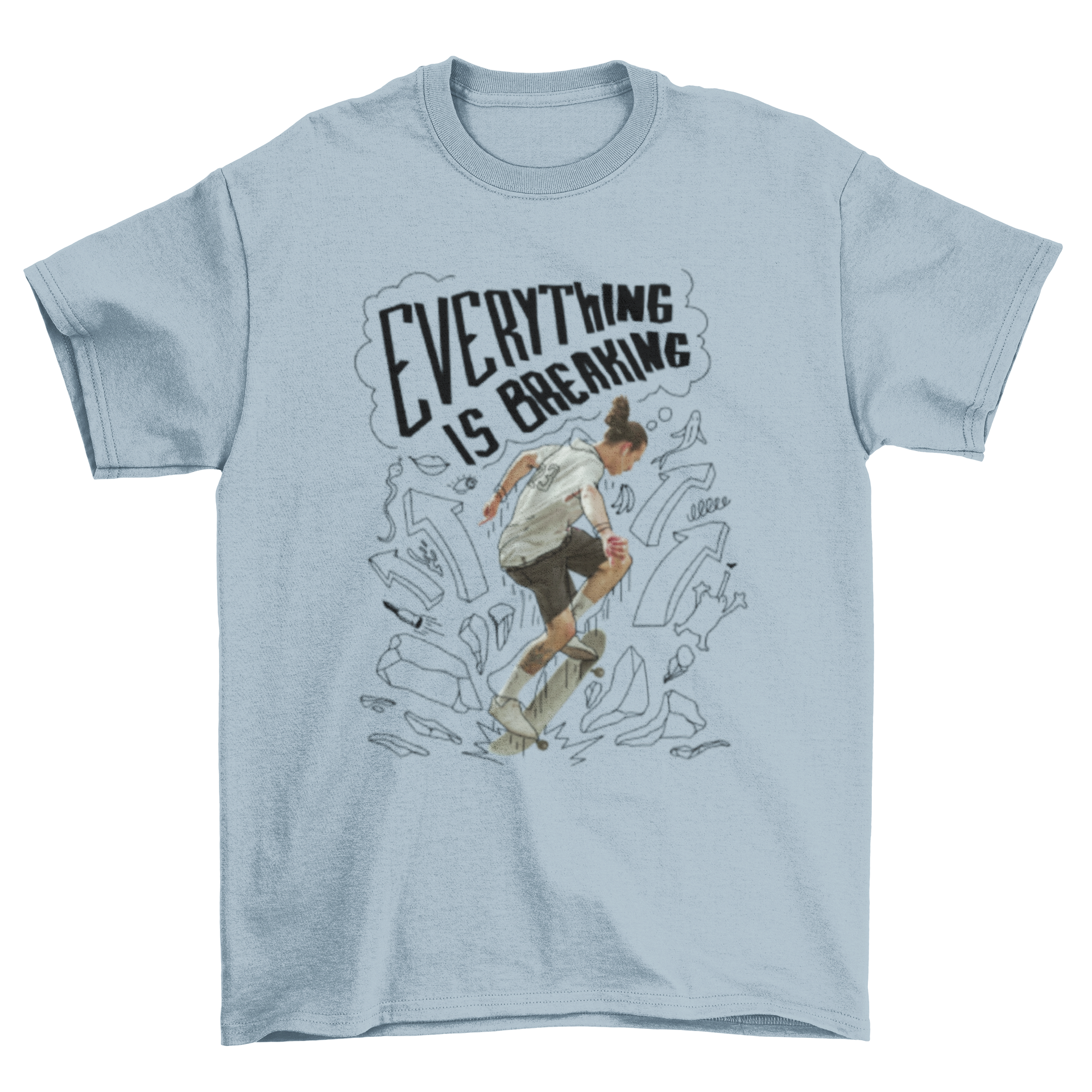 A vibrant skateboard mockup featuring a boy skating with a doodle quote 'everything is breaking', showcasing dynamic movement and creativity.