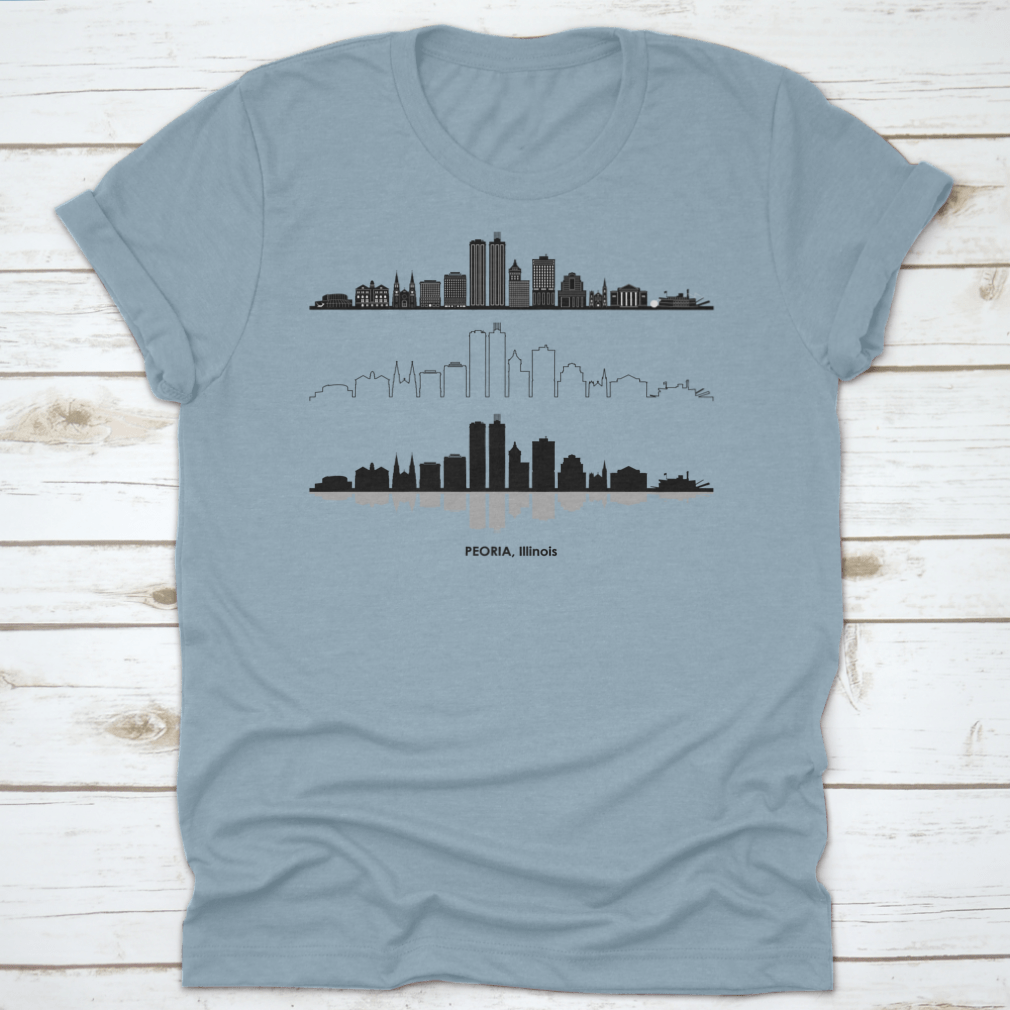 Black skyline vector design of Peoria, Illinois on a stylish t-shirt, showcasing the city's iconic silhouette.