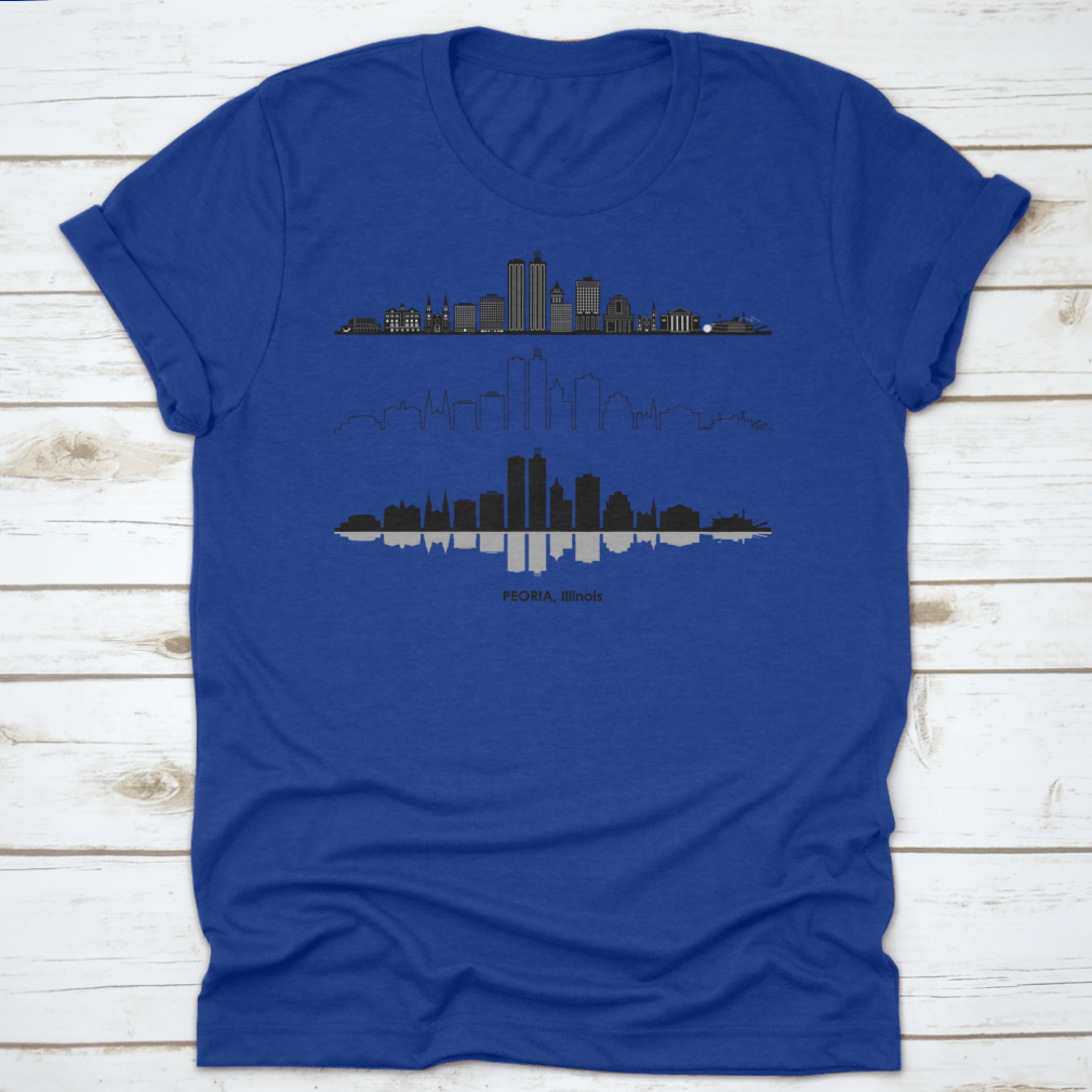 Black skyline vector design of Peoria, Illinois on a stylish t-shirt, showcasing the city's iconic silhouette.