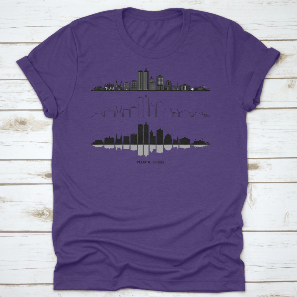 Black skyline vector design of Peoria, Illinois on a stylish t-shirt, showcasing the city's iconic silhouette.