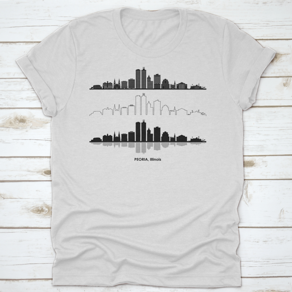 Black skyline vector design of Peoria, Illinois on a stylish t-shirt, showcasing the city's iconic silhouette.