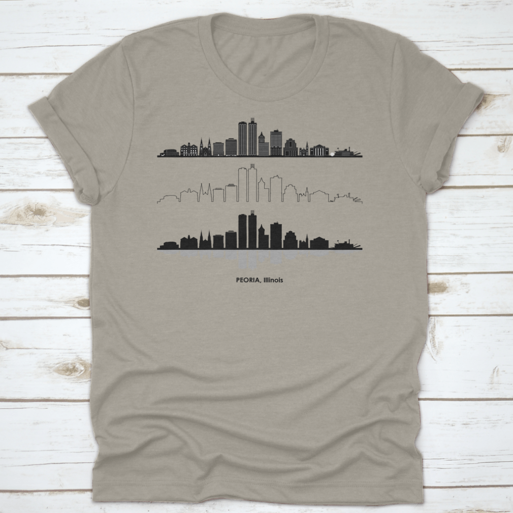 Black skyline vector design of Peoria, Illinois on a stylish t-shirt, showcasing the city's iconic silhouette.
