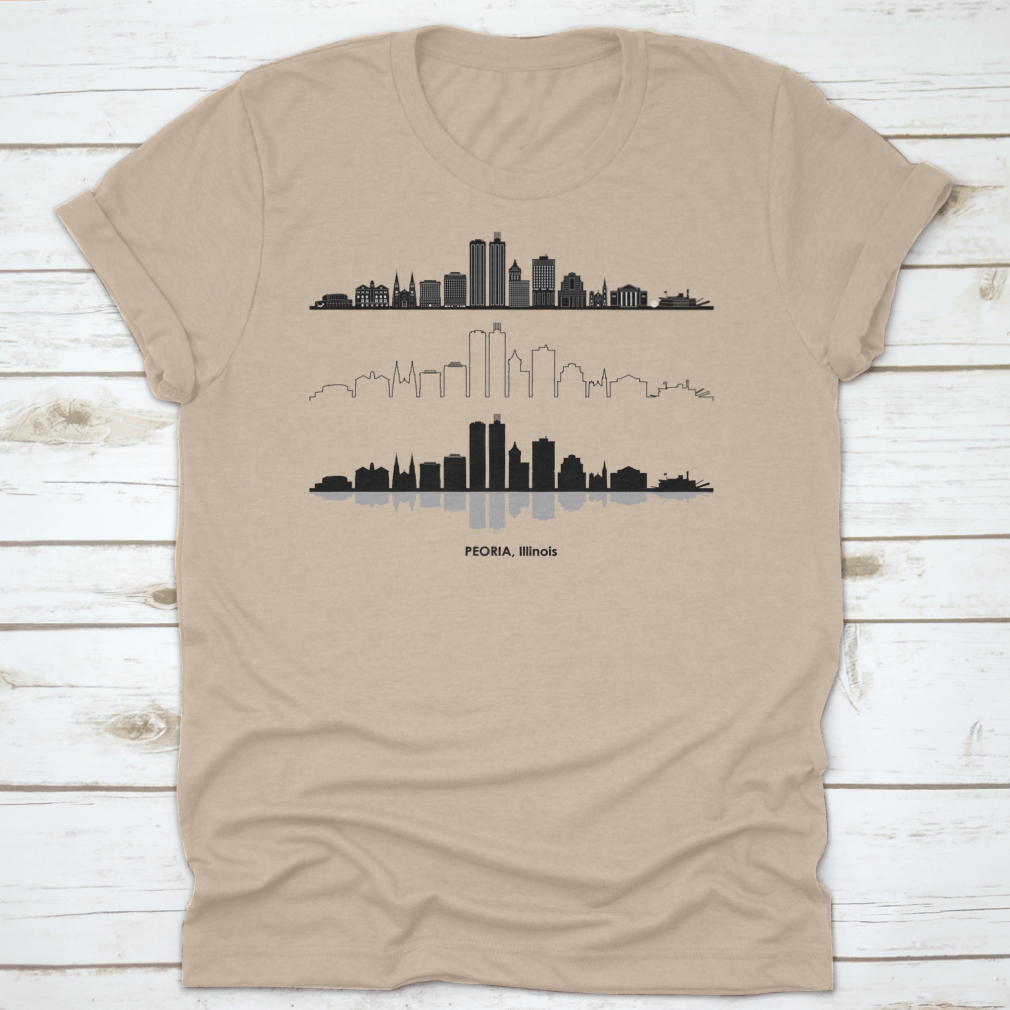 Black skyline vector design of Peoria, Illinois on a stylish t-shirt, showcasing the city's iconic silhouette.
