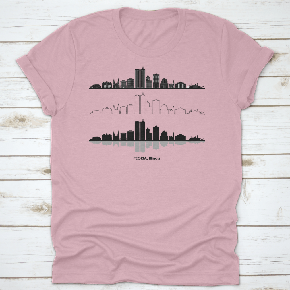 Black skyline vector design of Peoria, Illinois on a stylish t-shirt, showcasing the city's iconic silhouette.