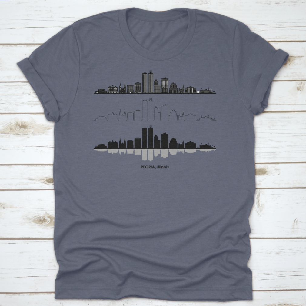 Black skyline vector design of Peoria, Illinois on a stylish t-shirt, showcasing the city's iconic silhouette.