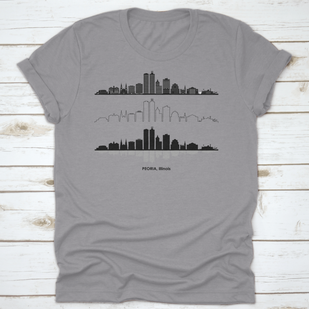 Black skyline vector design of Peoria, Illinois on a stylish t-shirt, showcasing the city's iconic silhouette.