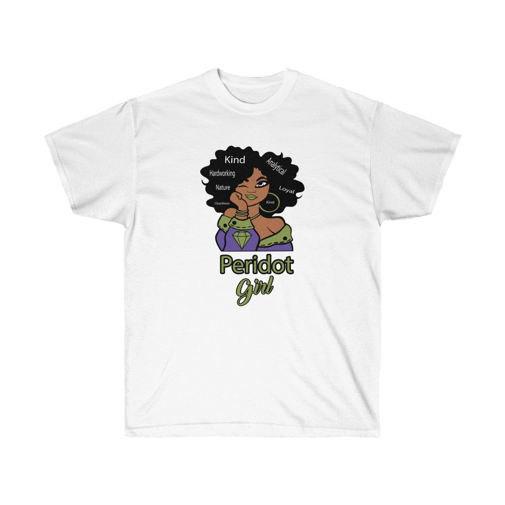 A stylish black girl wearing a Peridot Birthstone T-Shirt featuring an Afro girl graphic, celebrating cultural pride and individuality.