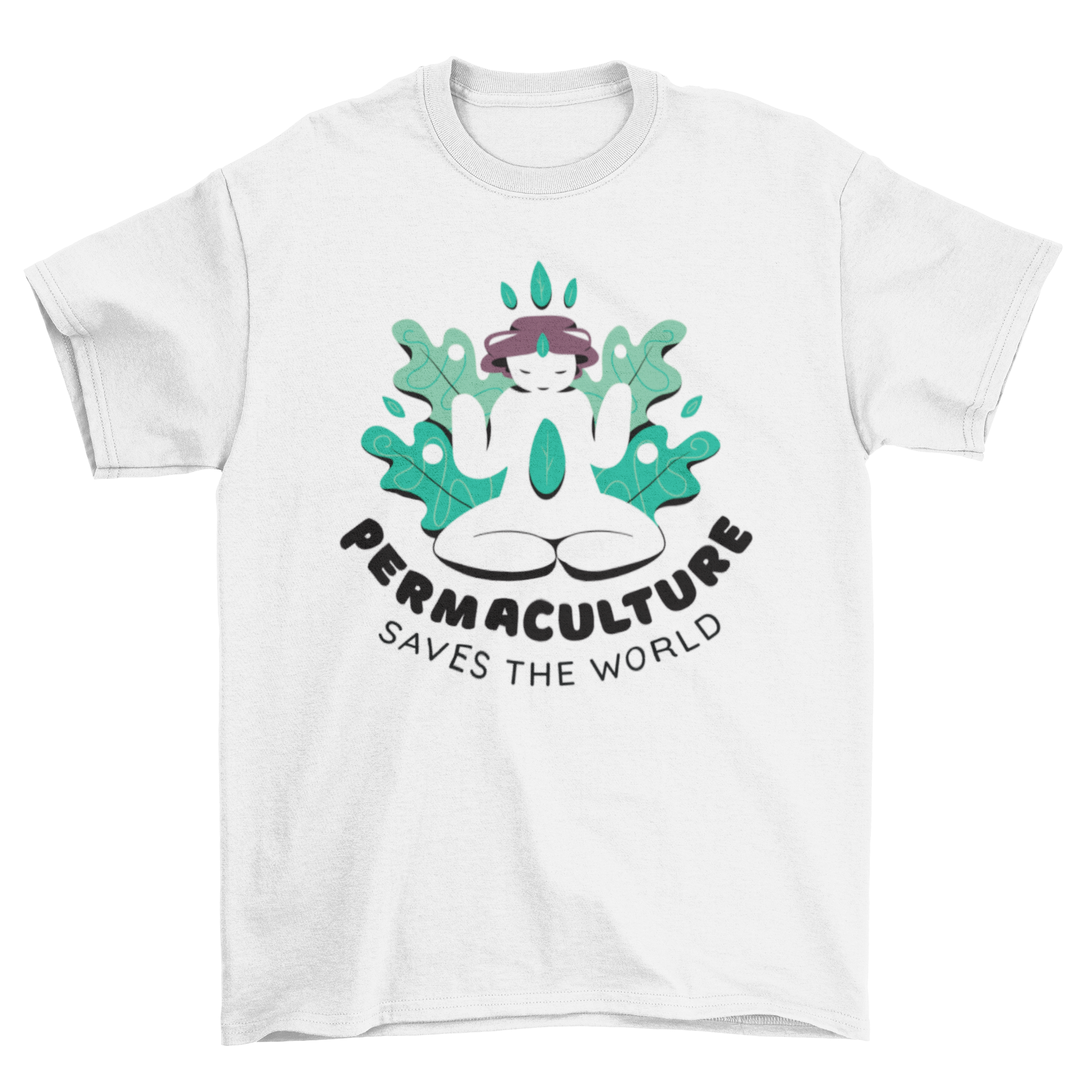 Permaculture Quote T-shirt featuring a cartoon woman with the quote 'PERMACULTURE SAVES THE WORLD'.