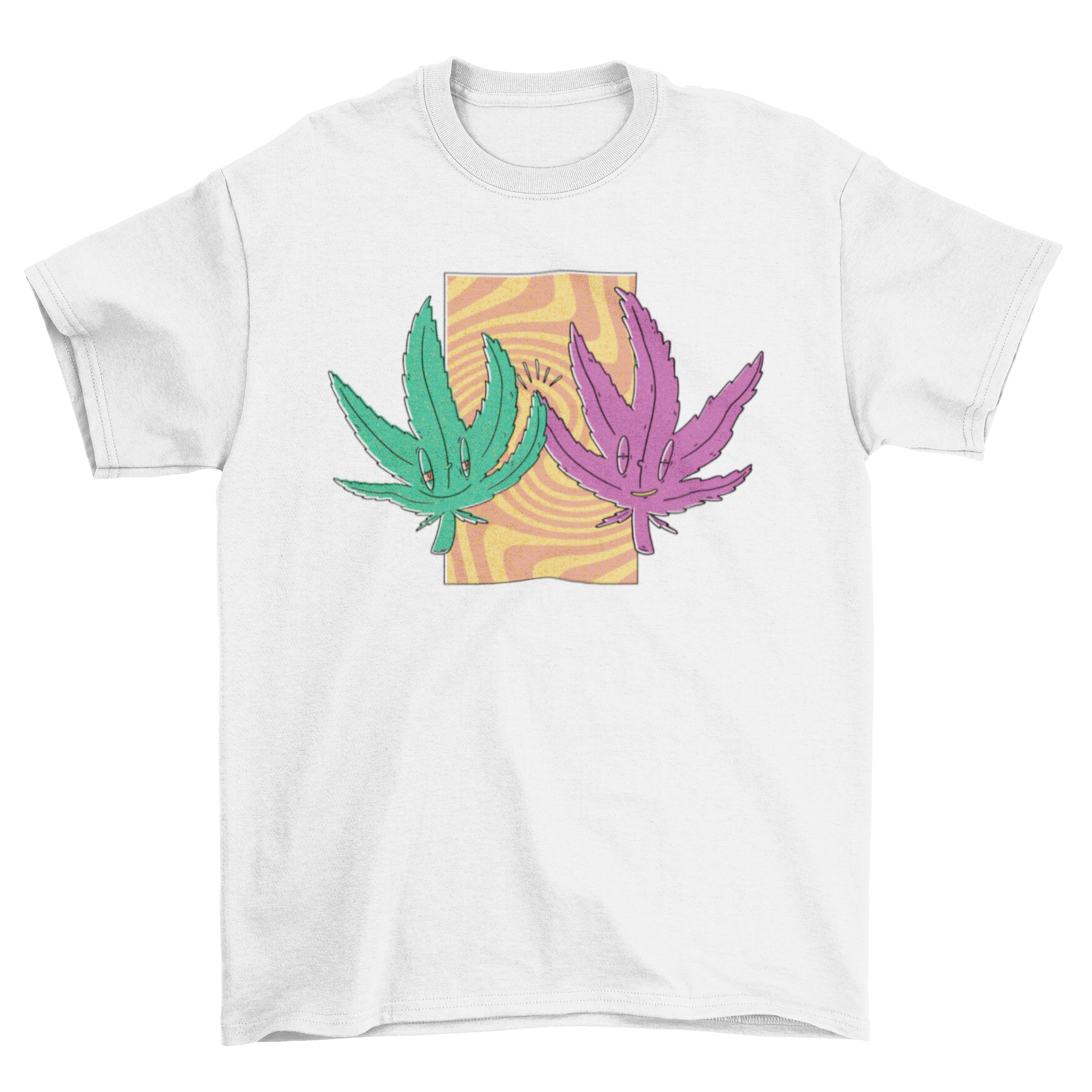 A cool t-shirt featuring an illustration of two cannabis leaves high-fiving, showcasing a fun and vibrant design.
