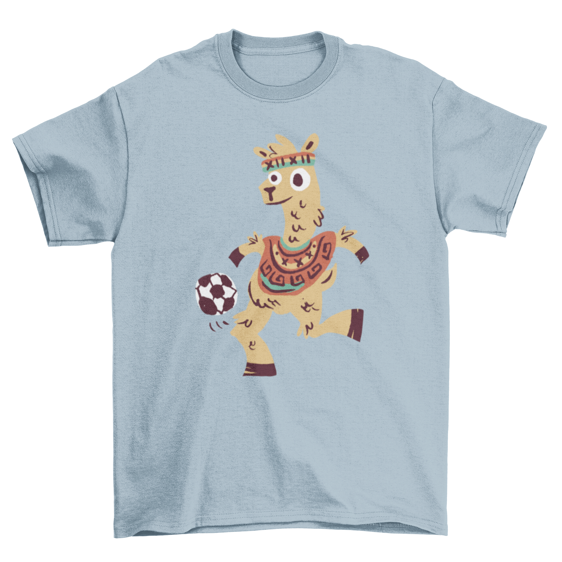 A colorful cartoon t-shirt featuring a Peruvian llama playing soccer, showcasing a fun and vibrant design.
